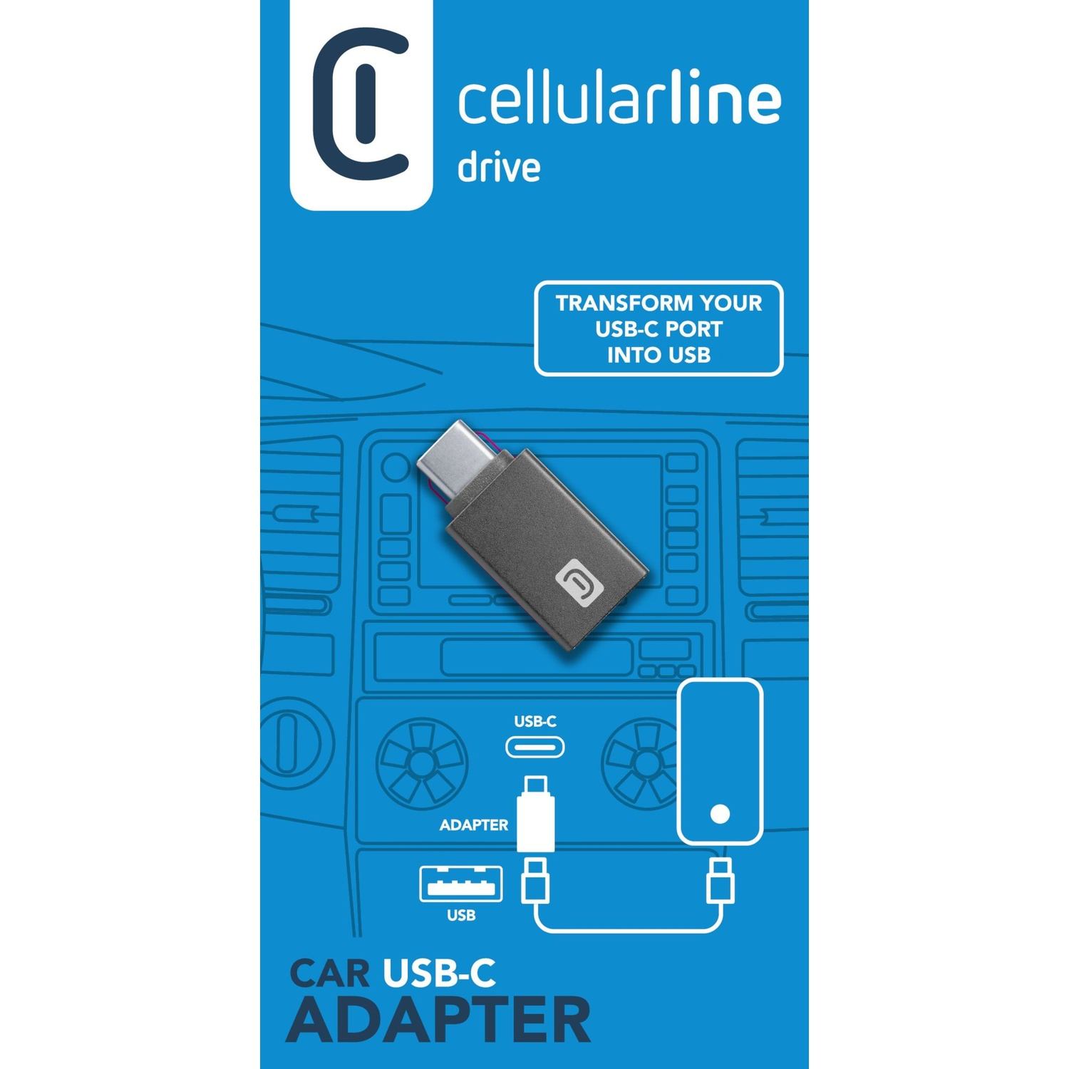 Viene mostrato un adattatore USB-C per auto grigio Cellularline.