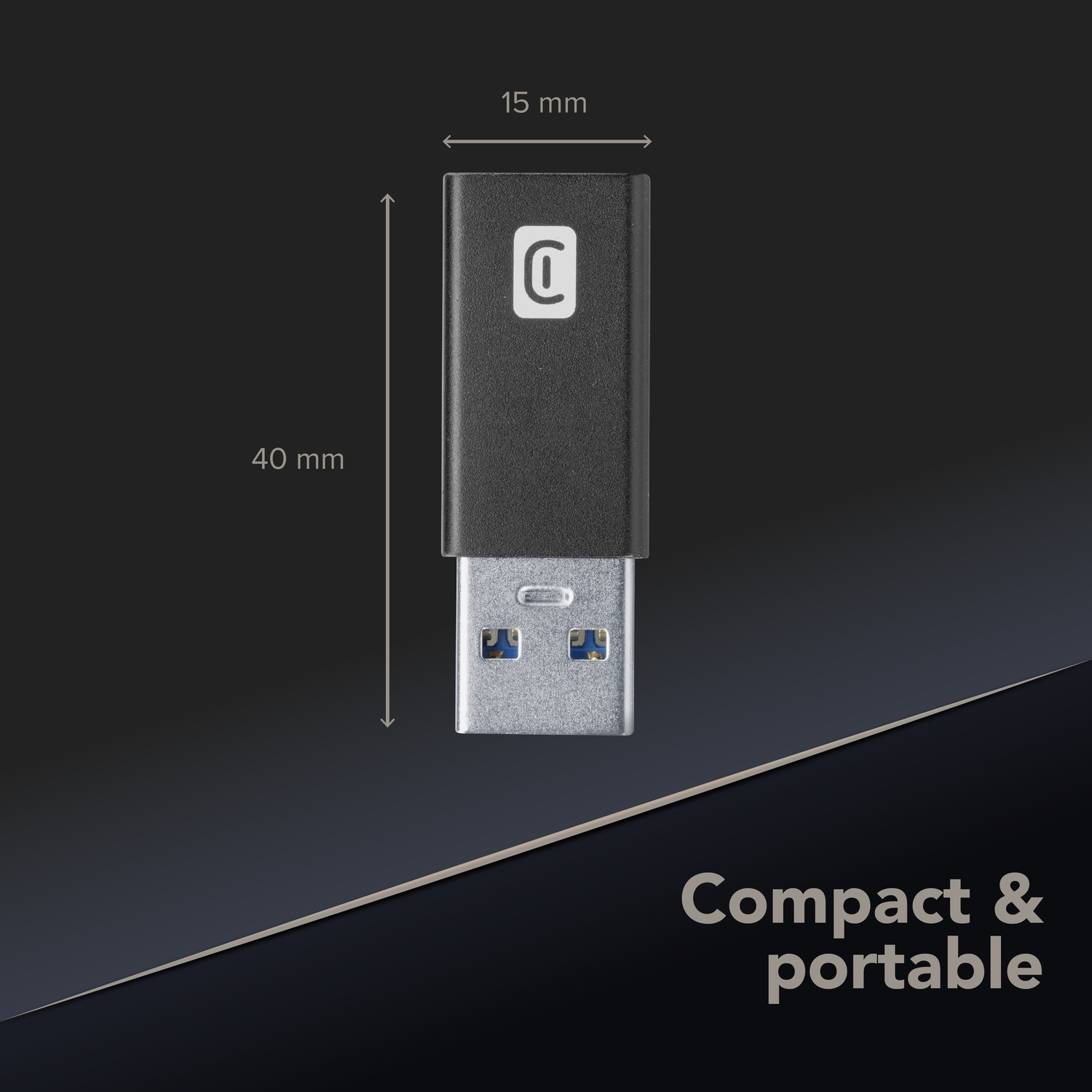 Un'unità USB nera con logo è lunga 40 mm e larga 15 mm.
