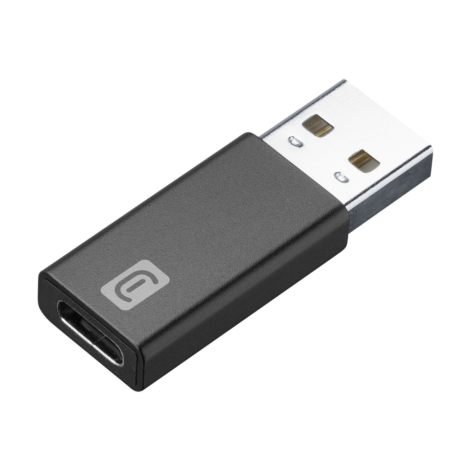 Un adattatore USB-C a USB-A nero con connettore e logo argentati.