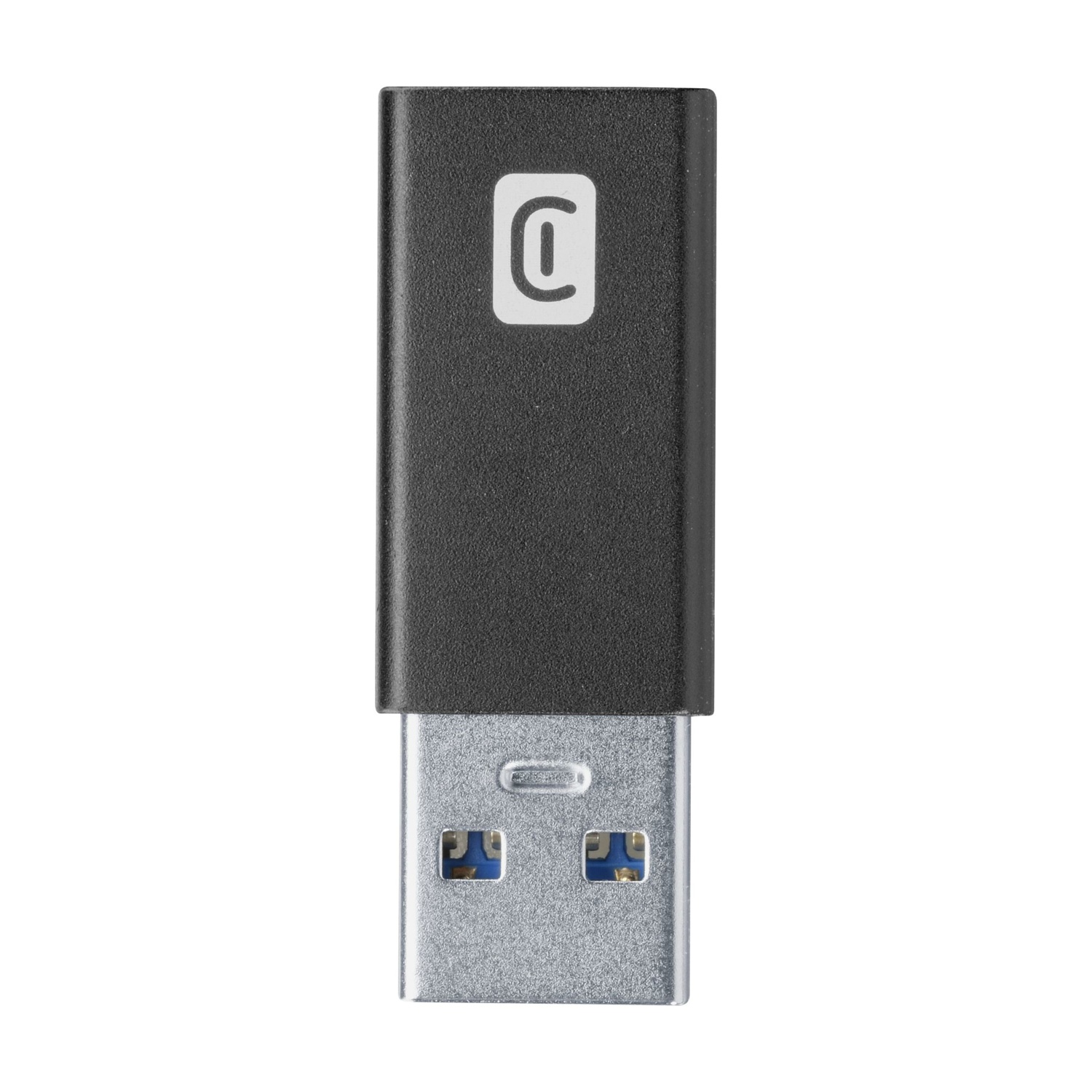 Chiavetta USB nera con connettore argento e logo bianco.