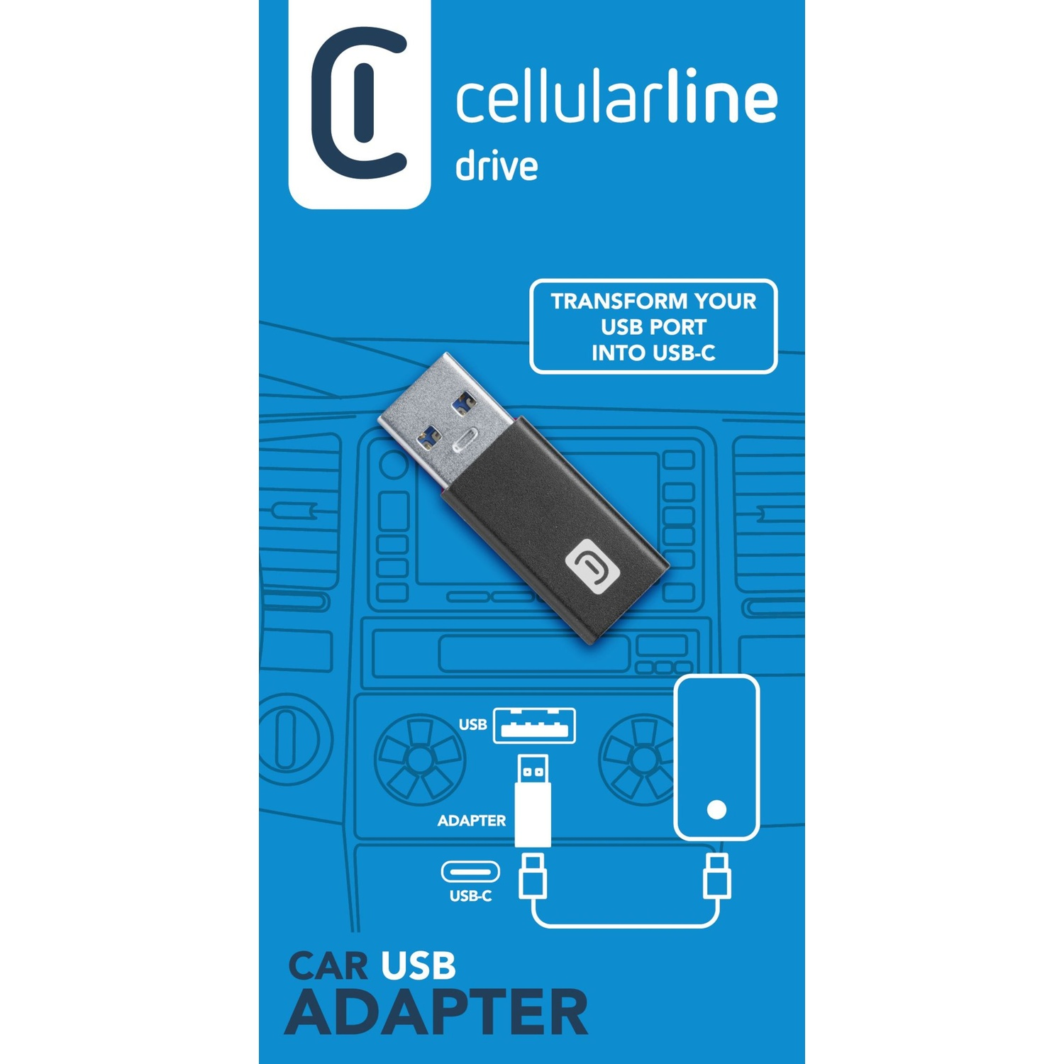 Un adattatore USB-C nero per auto, che trasforma una porta USB in USB-C.