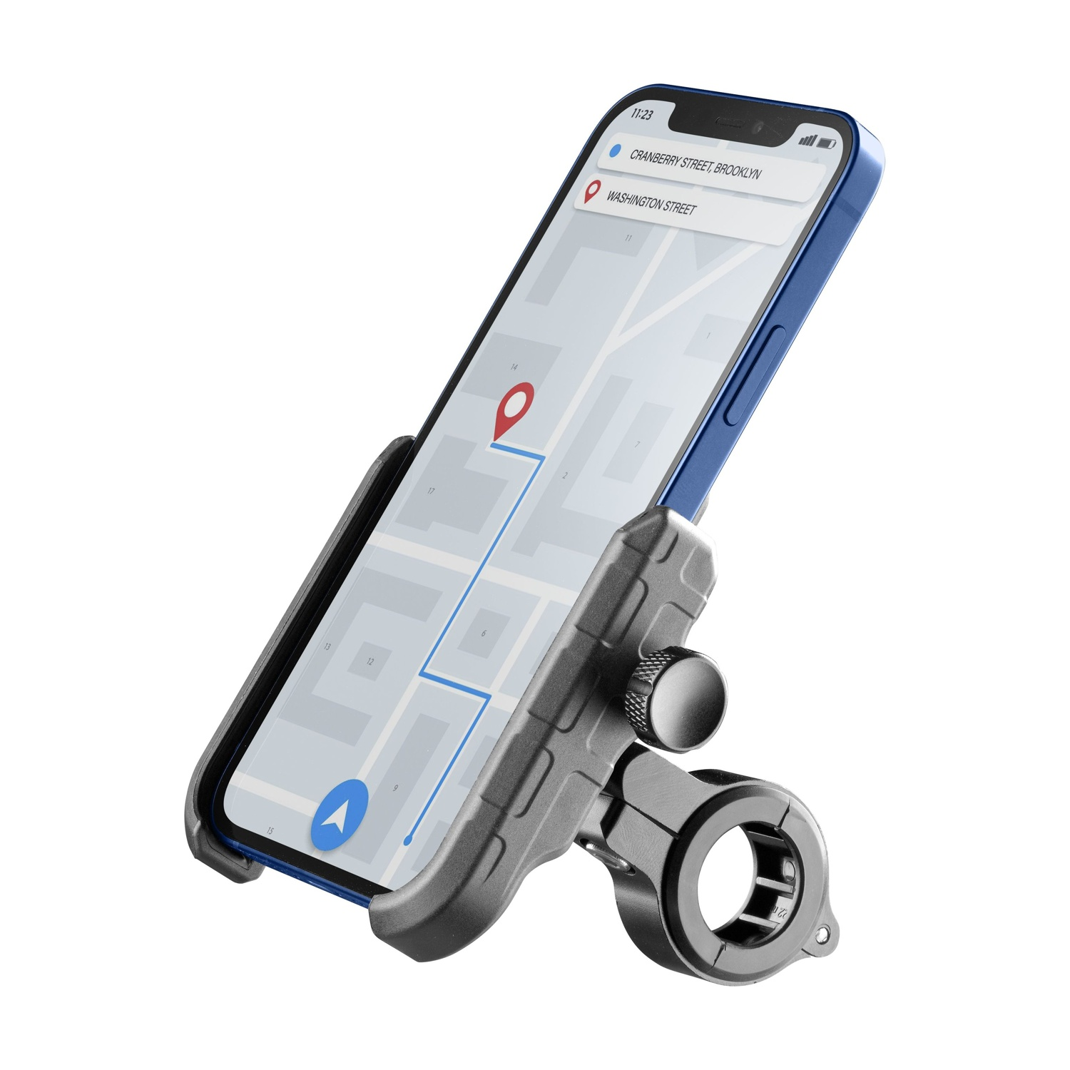 Uno smartphone blu in un supporto mostra un'app di navigazione, su sfondo bianco.
