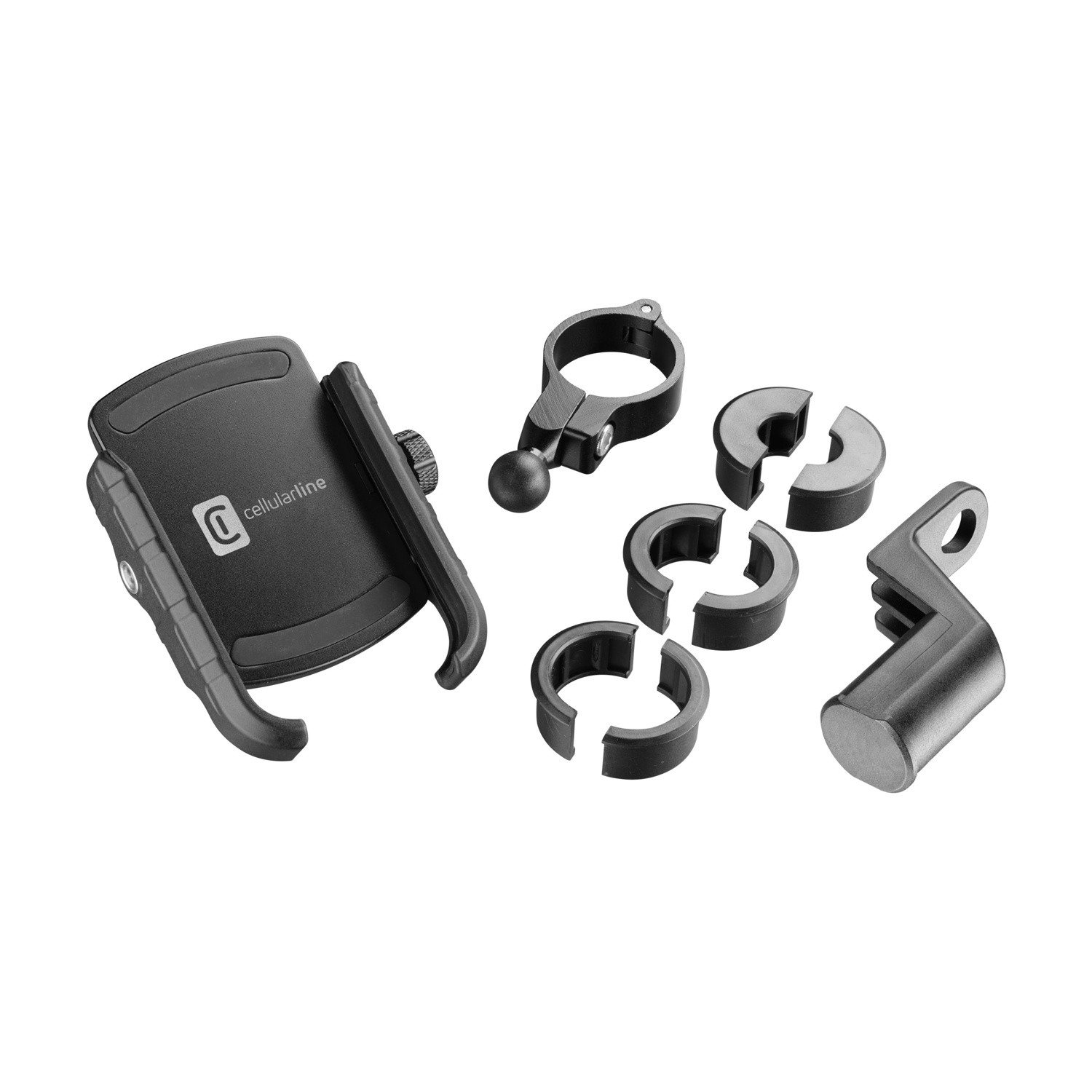 Supporto per telefono nero con vari accessori di montaggio.