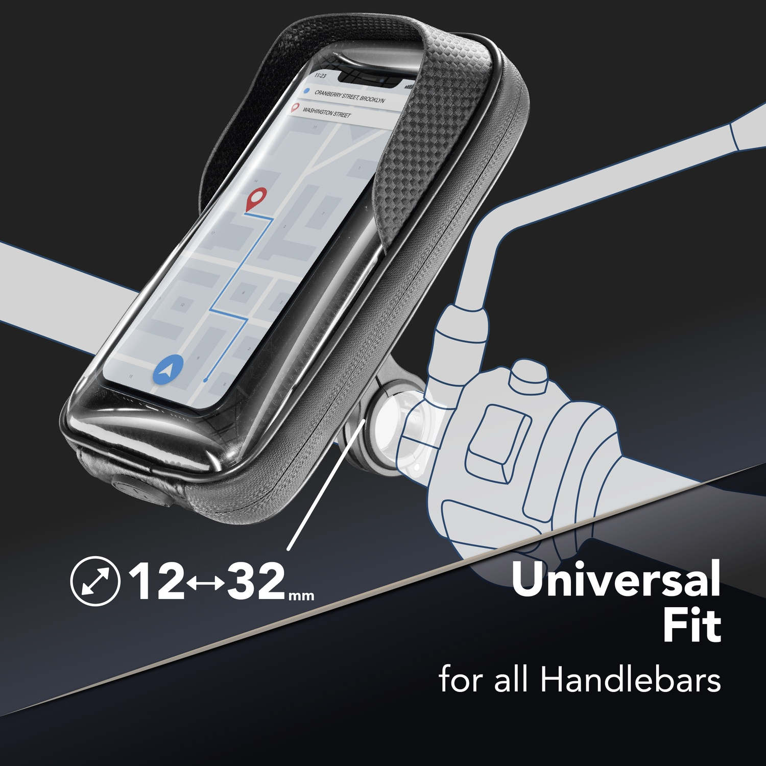 Supporto telefono su manubrio moto con app di navigazione. Adatto 12-32mm.