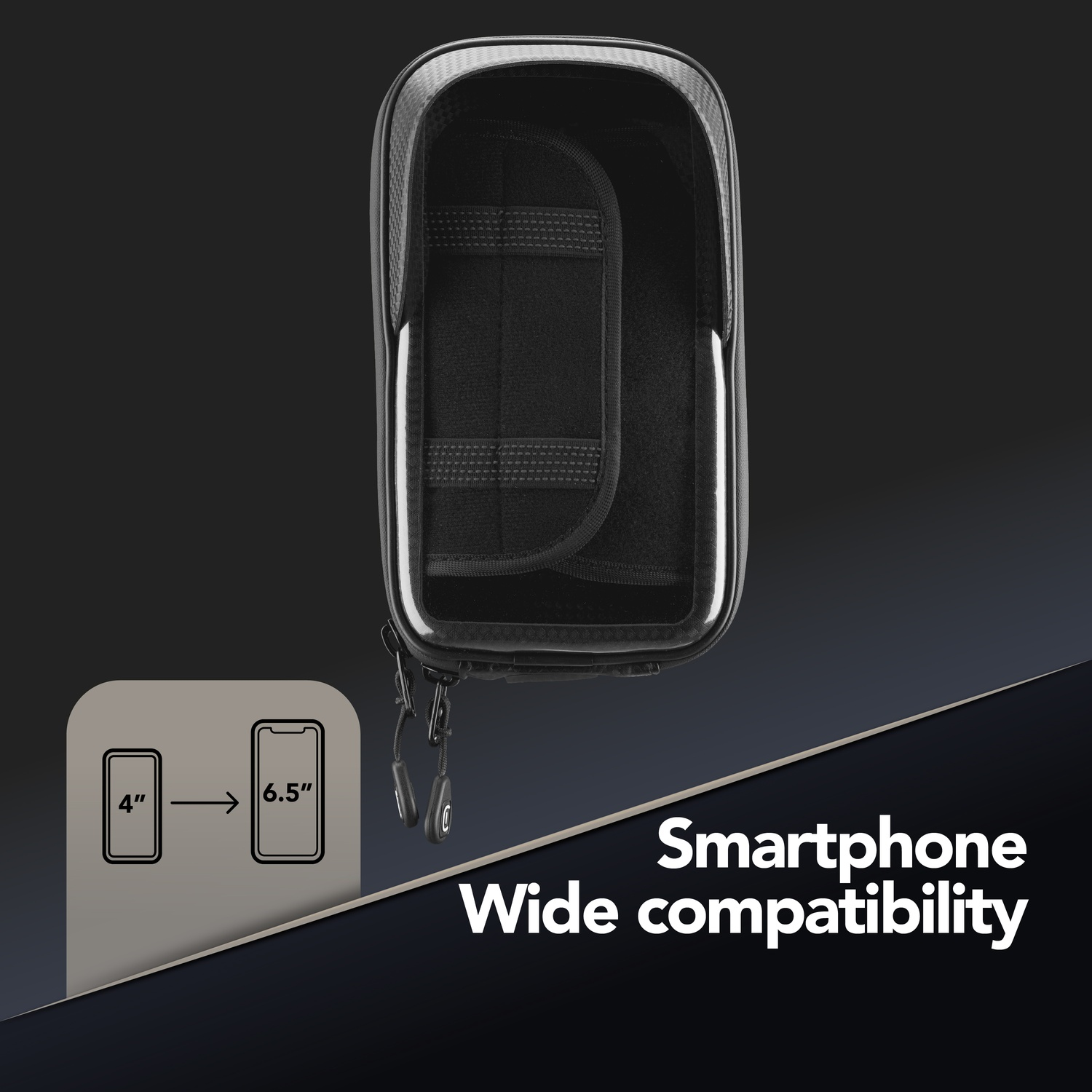 Borsa da bici nera con cerniera e indicatore compatibilità smartphone.