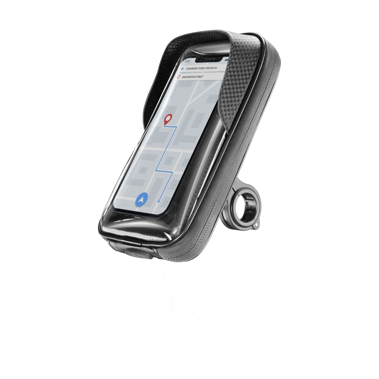 Supporto nero per bici con smartphone che mostra un'app di navigazione.