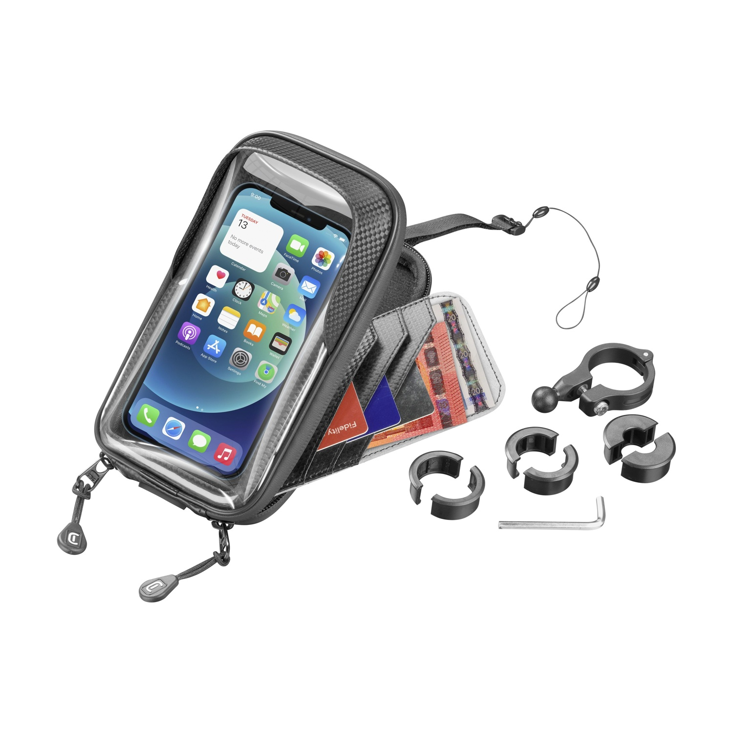Supporto per telefono da bicicletta con telefono, carte e attrezzi