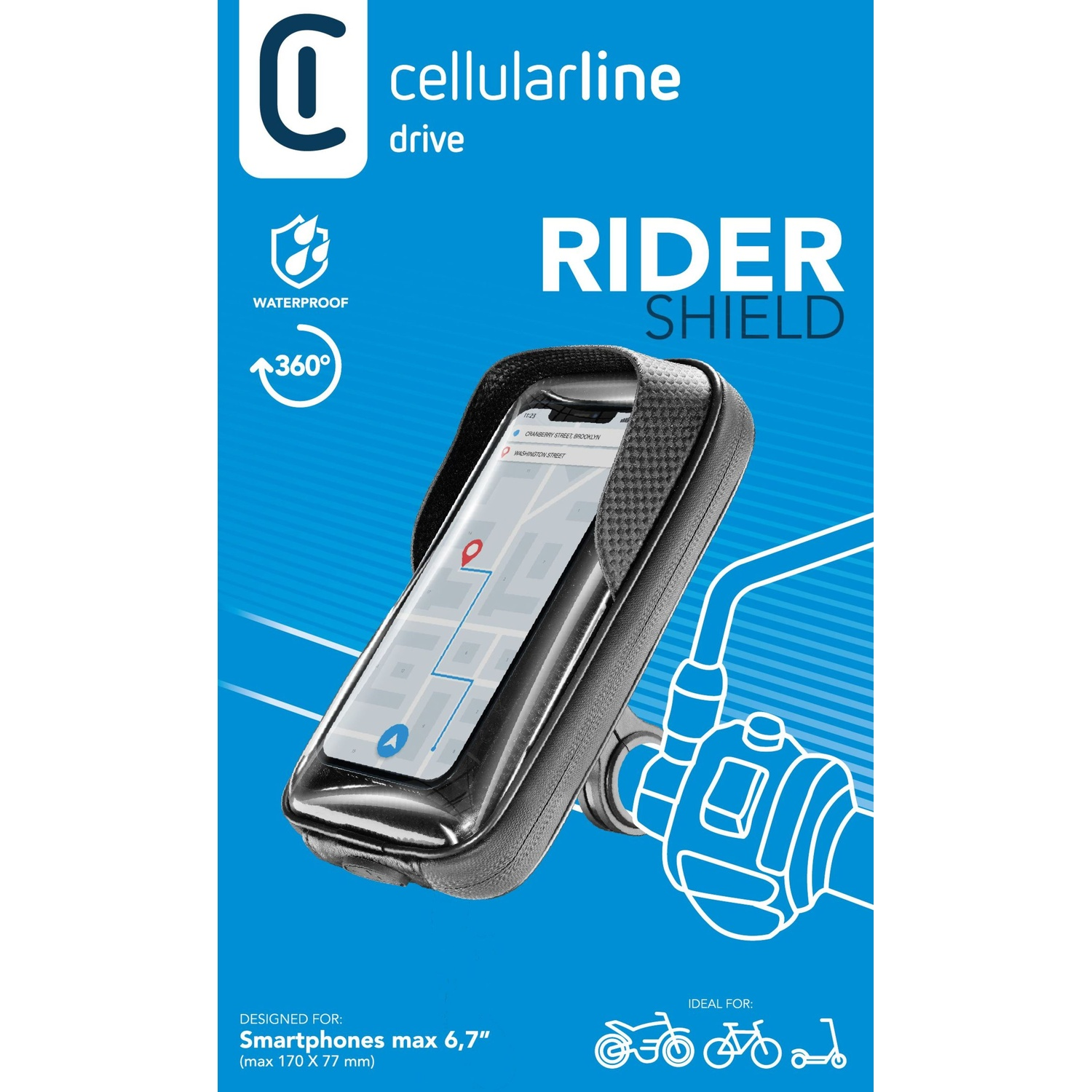 Supporto bici Cellularline Rider Shield con smartphone. Impermeabile, rotazione 360°.
