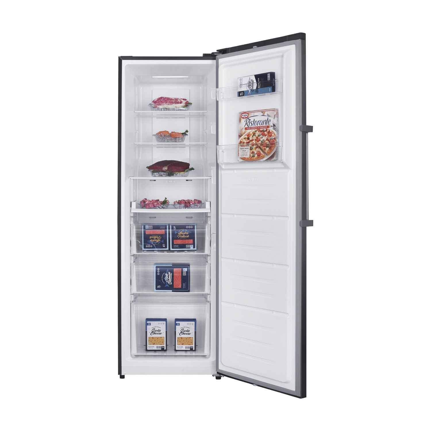 Un congelatore aperto riempito con alimenti tra cui carne, pesce, pizza e formaggio.