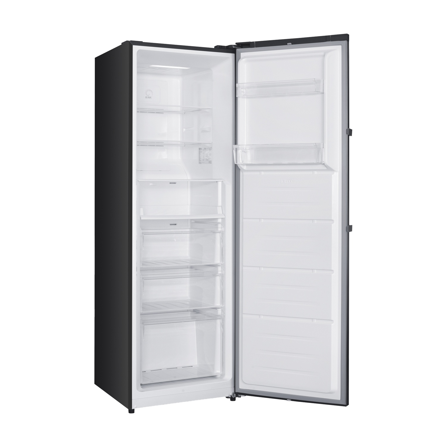 Un frigorifero nero con la porta aperta, l'interno è vuoto.