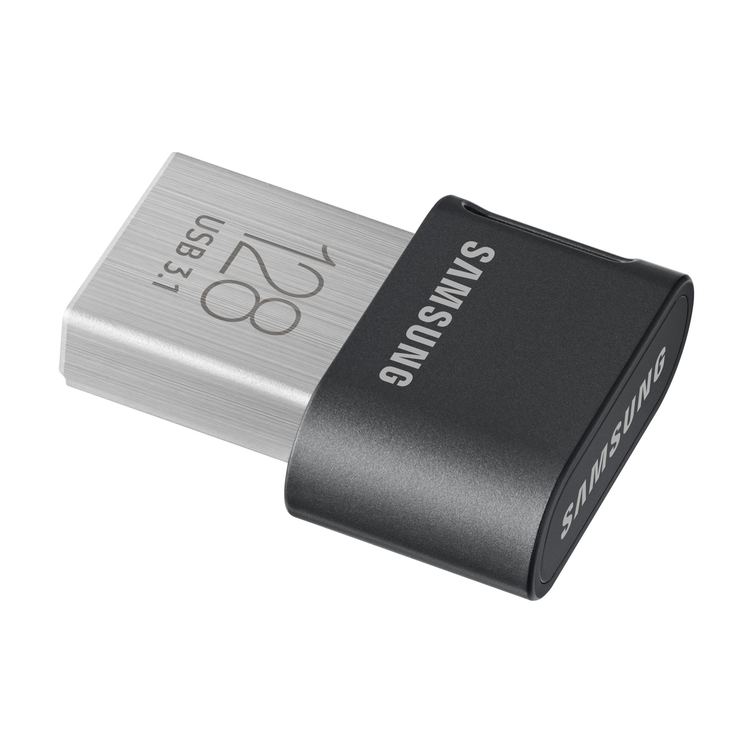 Una chiavetta USB argentata da 128 GB USB 3.1 con cappuccio nero.
