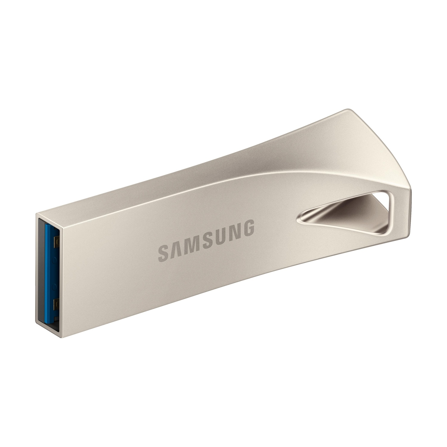 Chiavetta USB Samsung argentata con connettore blu e foro per laccetto.
