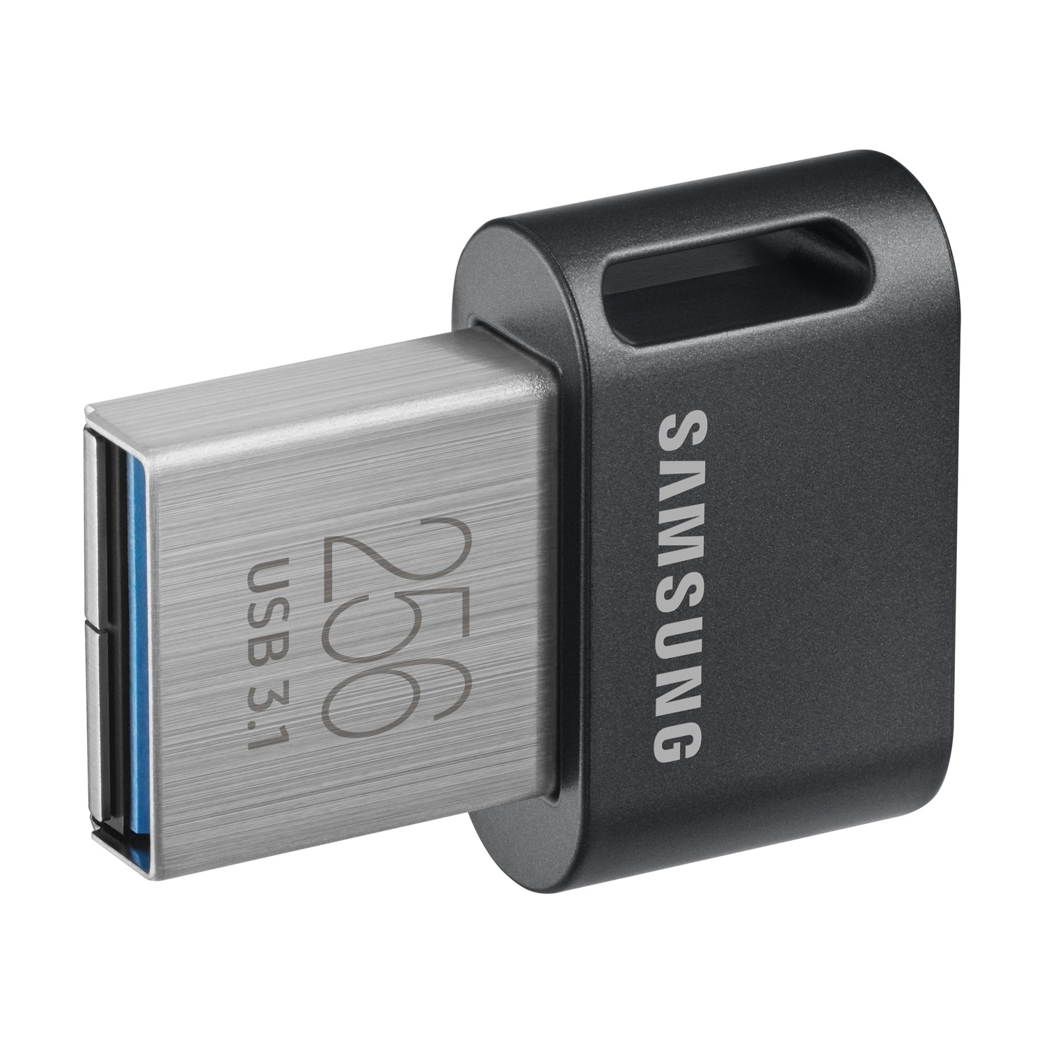 Un'unità USB scura con connettore argentato, 256 GB e USB 3.1.