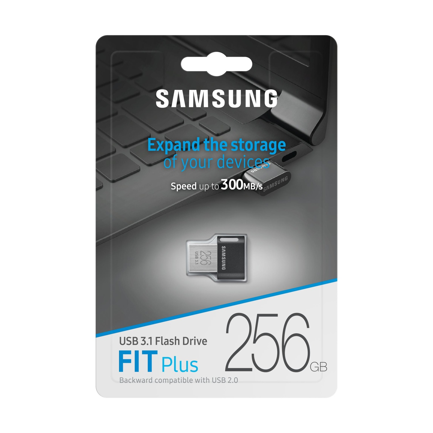 Chiavetta USB Samsung 256GB USB 3.1 FIT Plus su sfondo tastiera portatile.