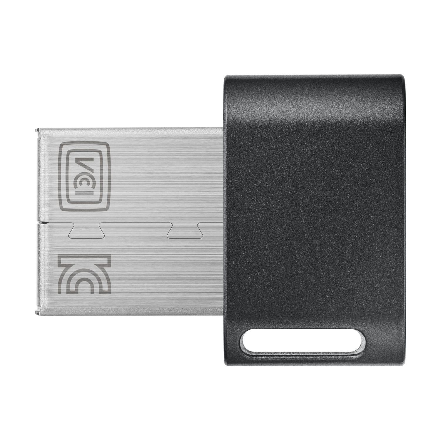 Una chiavetta USB scura con connettore argentato e foro per portachiavi.