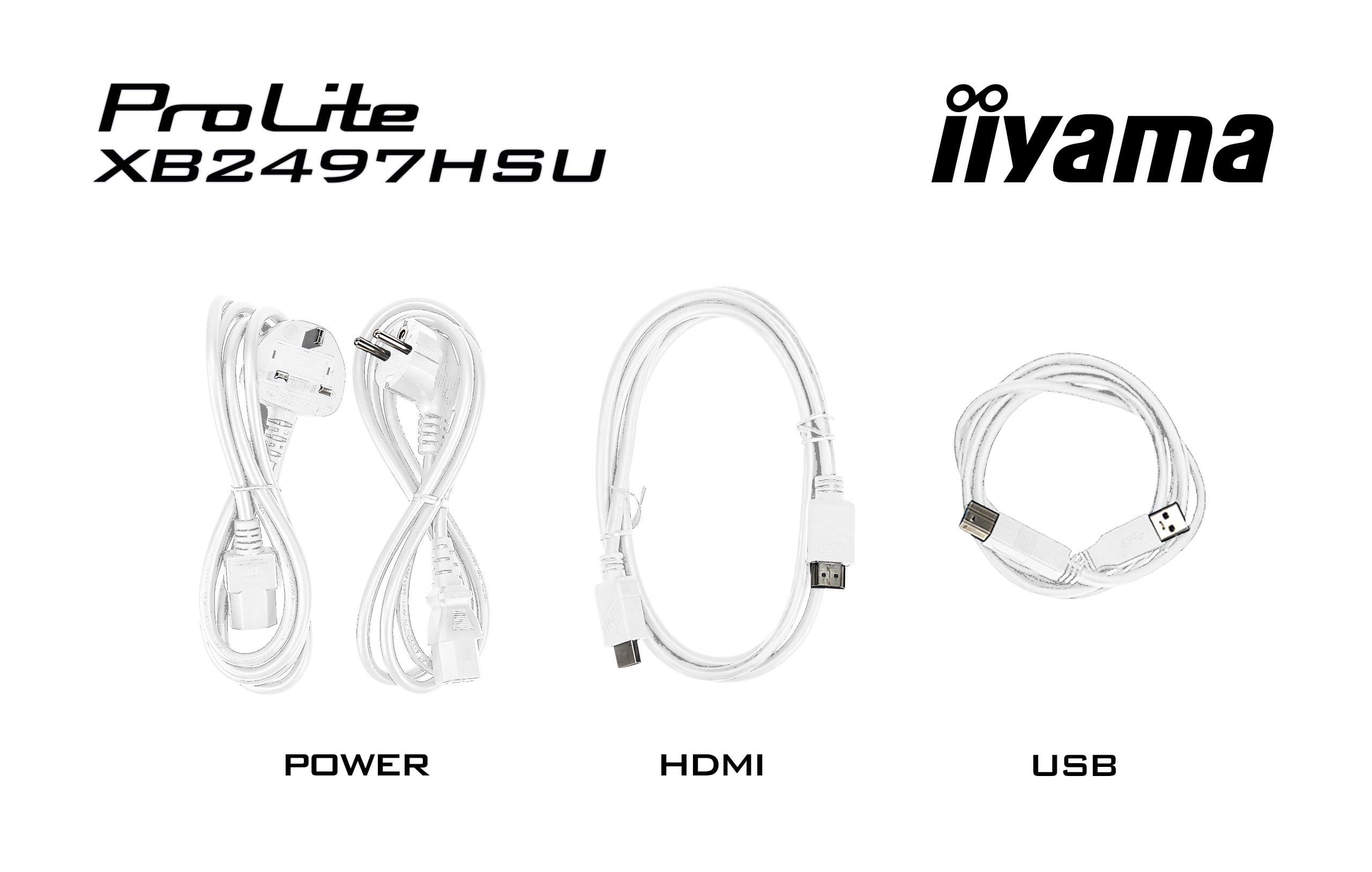Drei weiße Kabel: Strom, HDMI und USB, mit Markenlogos.
