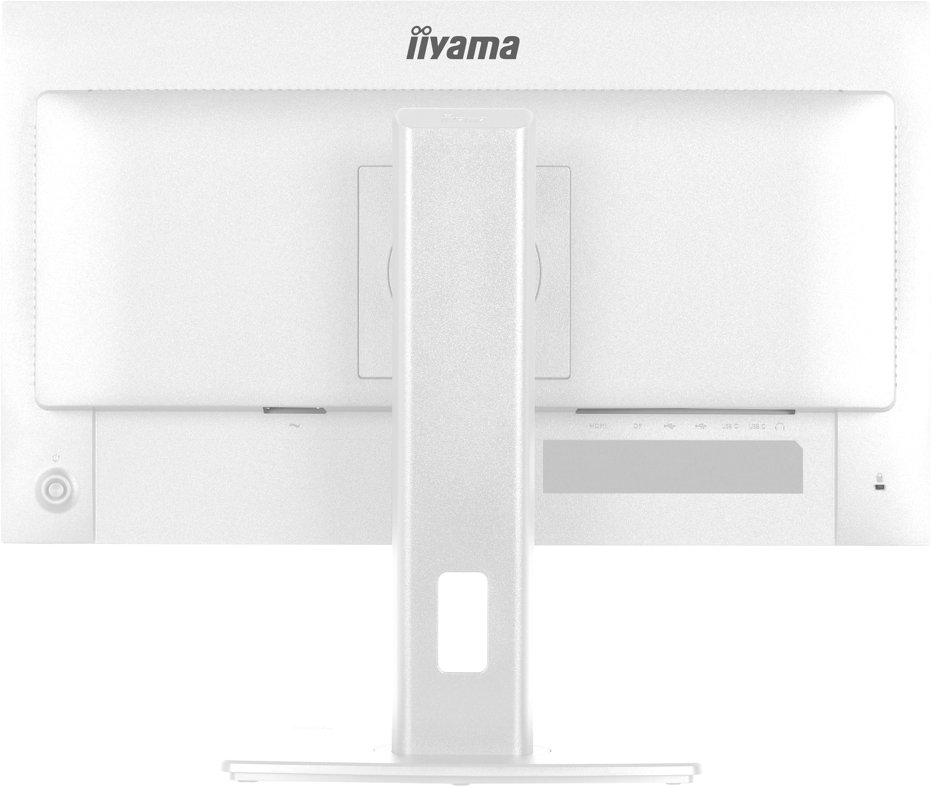 Rückseite eines weißen Monitors mit iiyama-Logo und Anschlüssen.