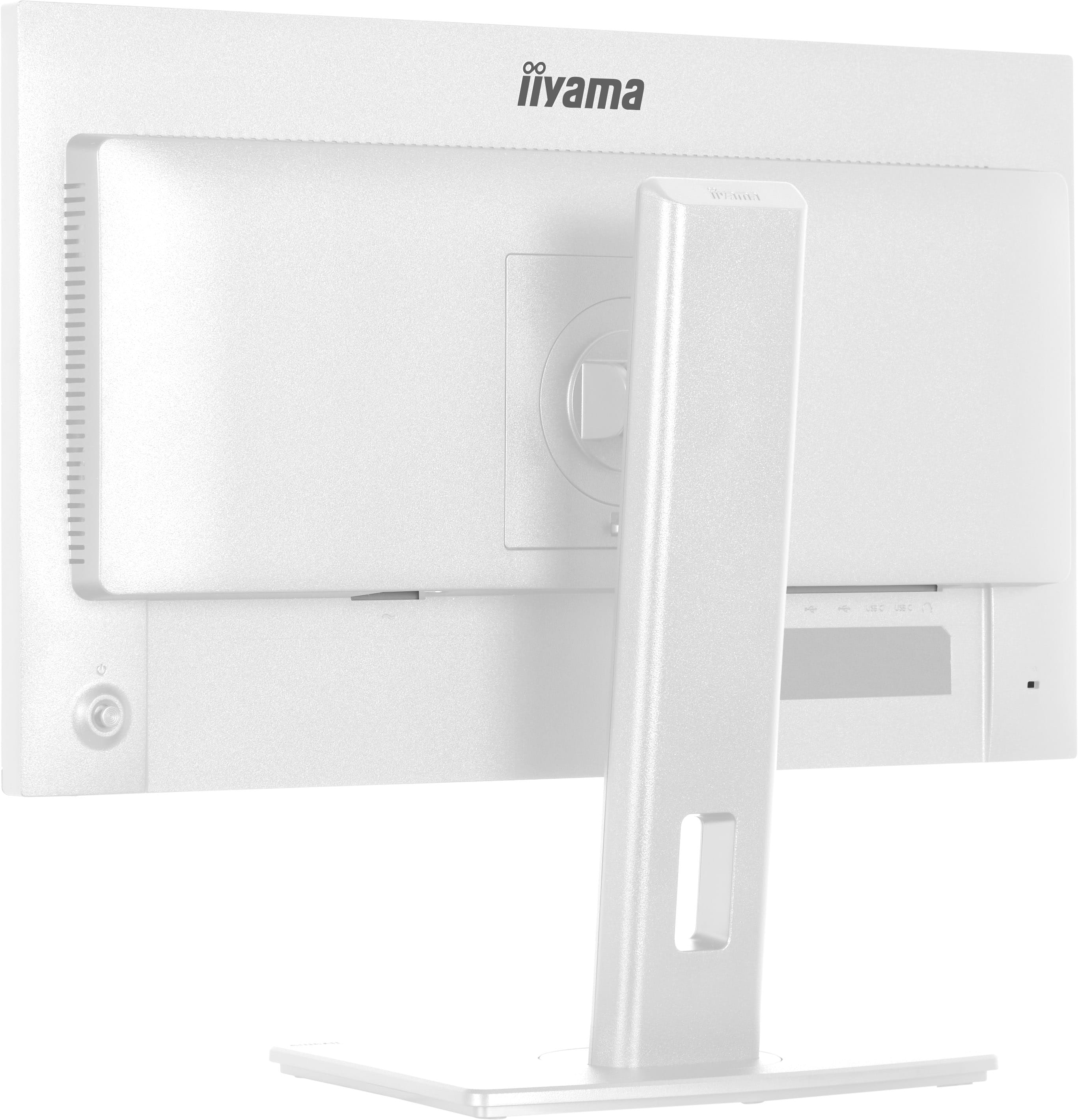 Rückseite eines weißen iiyama Monitors mit Anschlussleiste und Standfuß.