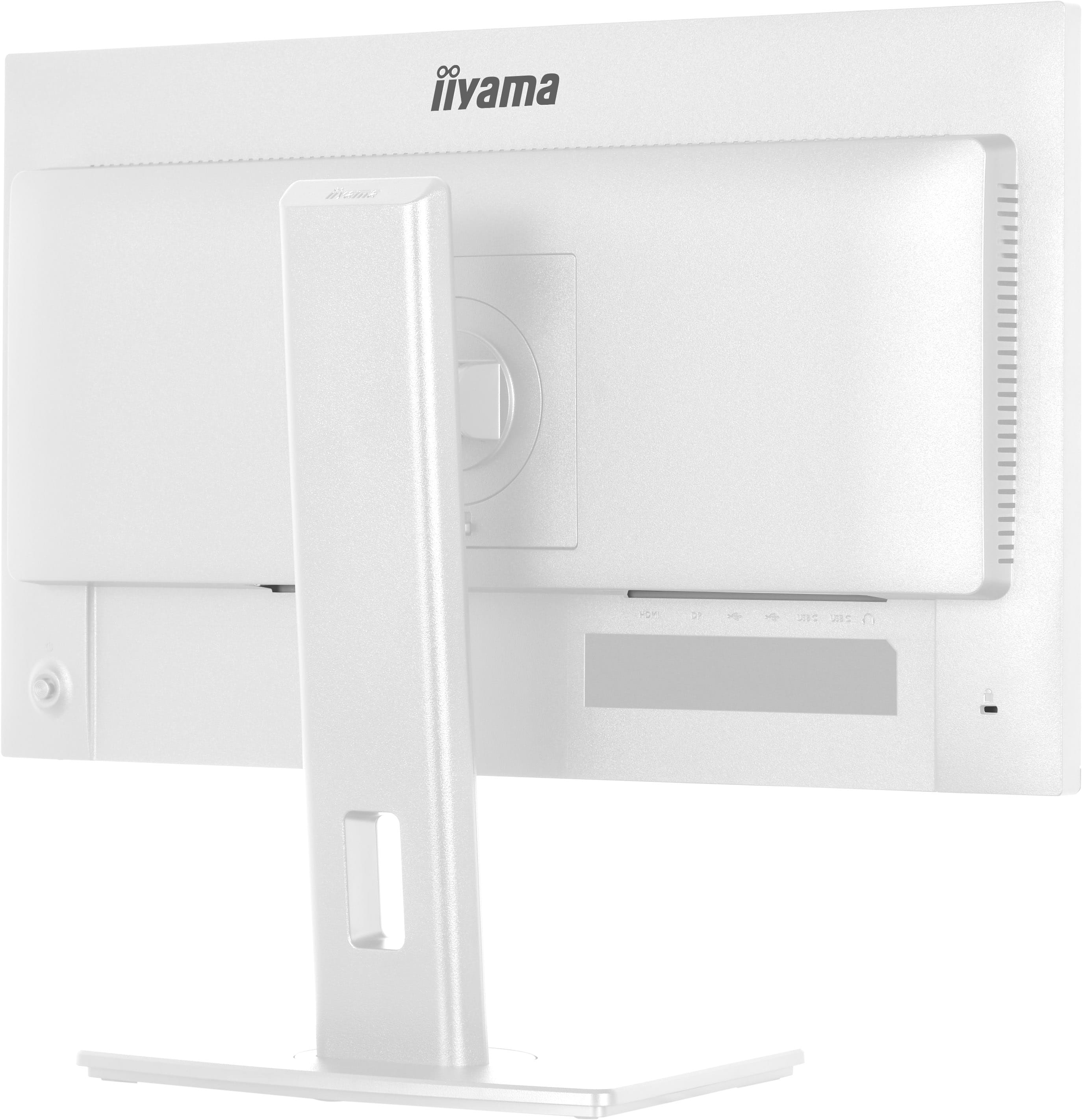 Rückseite eines weißen Iiyama Monitors mit Anschlüssen und einem Standfuß.