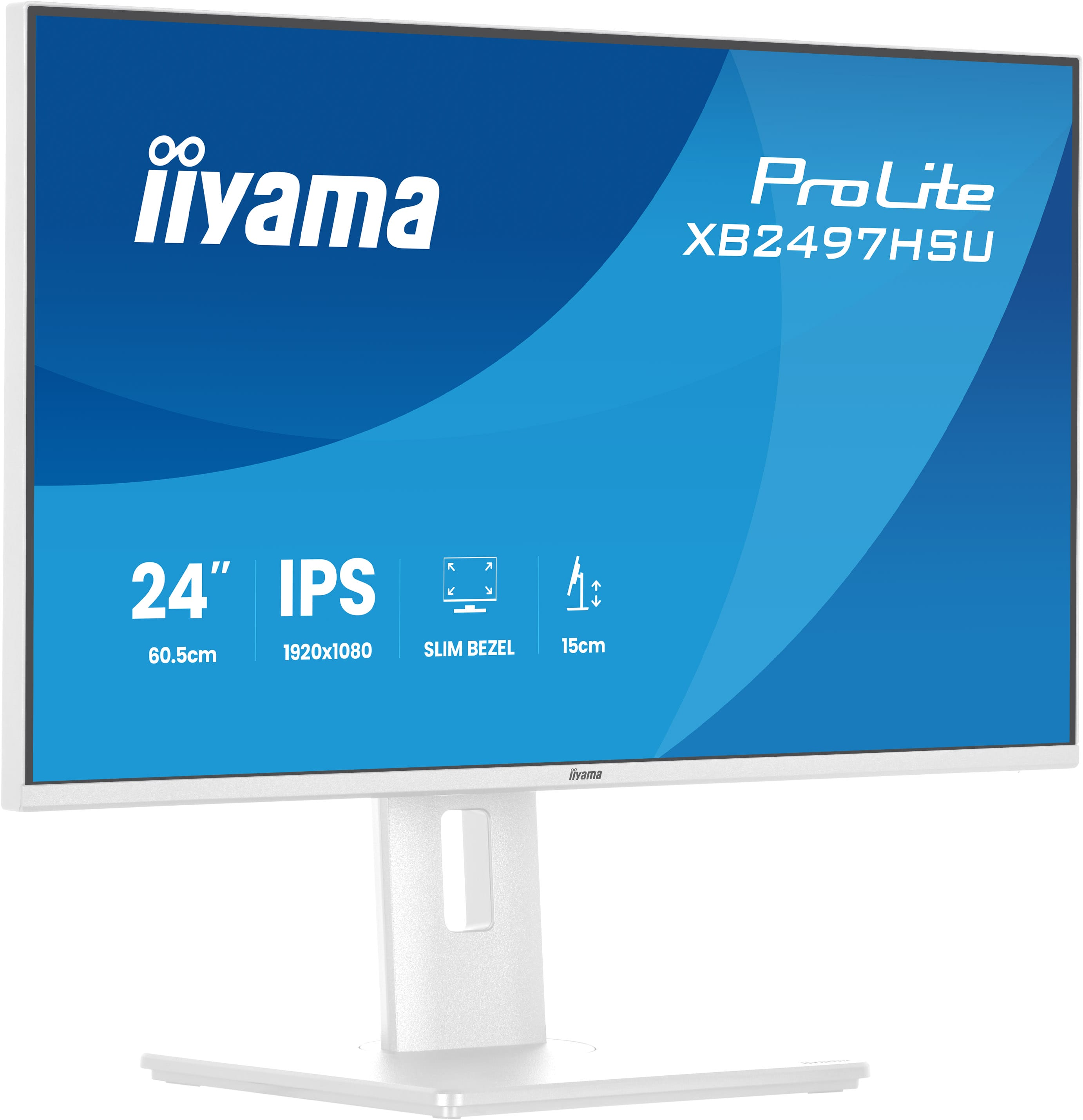 Ein weißer iiyama ProLite Monitor mit 24 Zoll, IPS, 1920x1080 Auflösung und schlankem Rahmen.