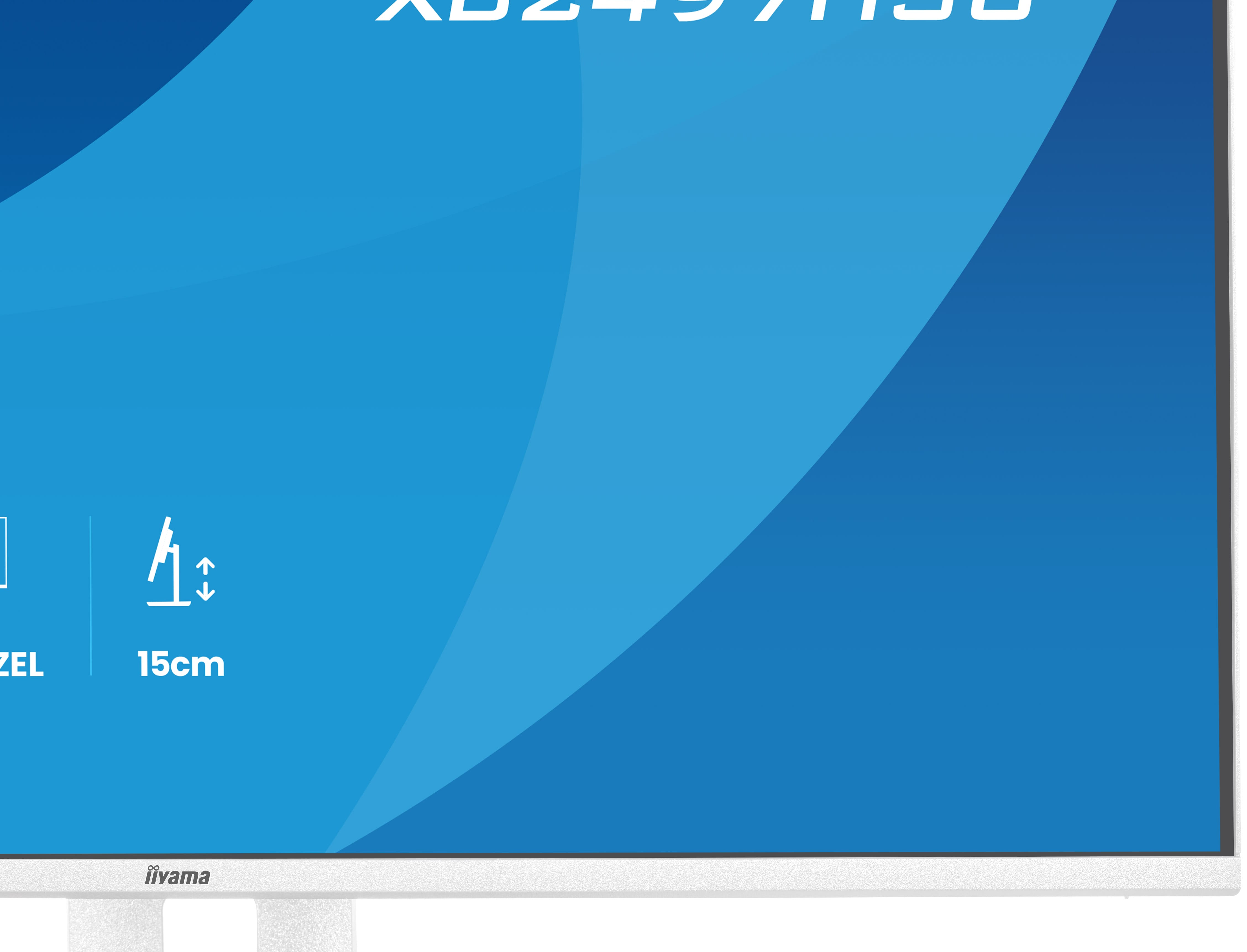 Ein weißer Monitor mit blauer Hintergrundgrafik und Text.