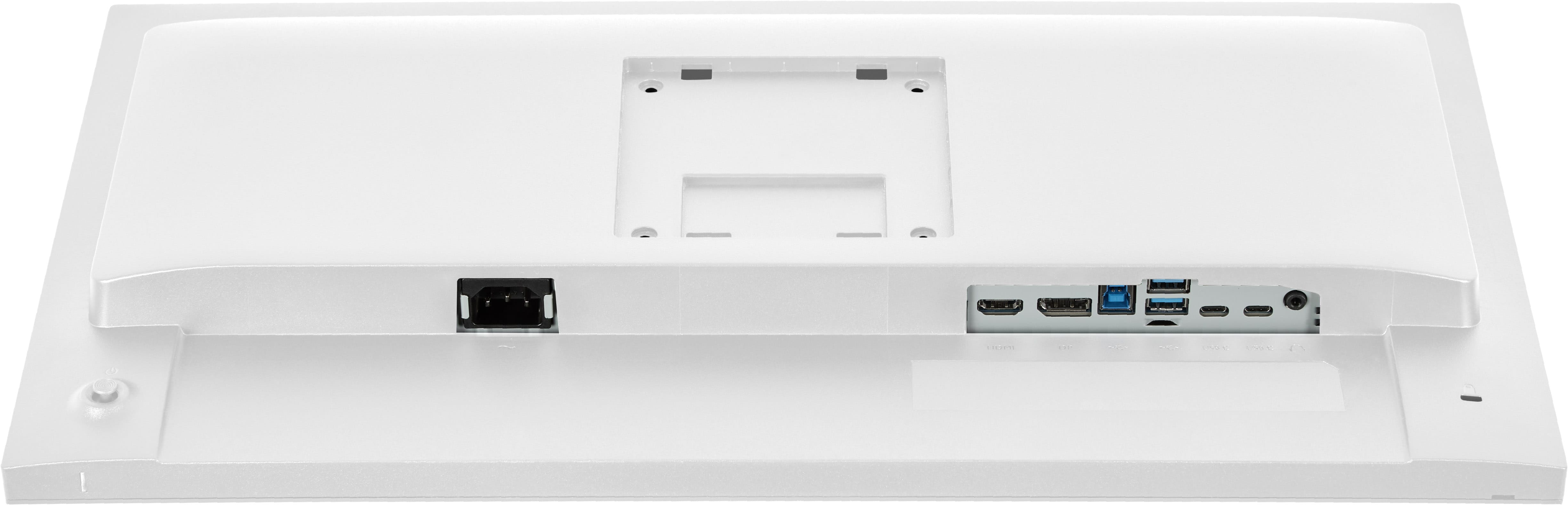 Rückseite eines weißen Monitors mit Anschlüssen: Strom, HDMI, USB-A, USB-C.