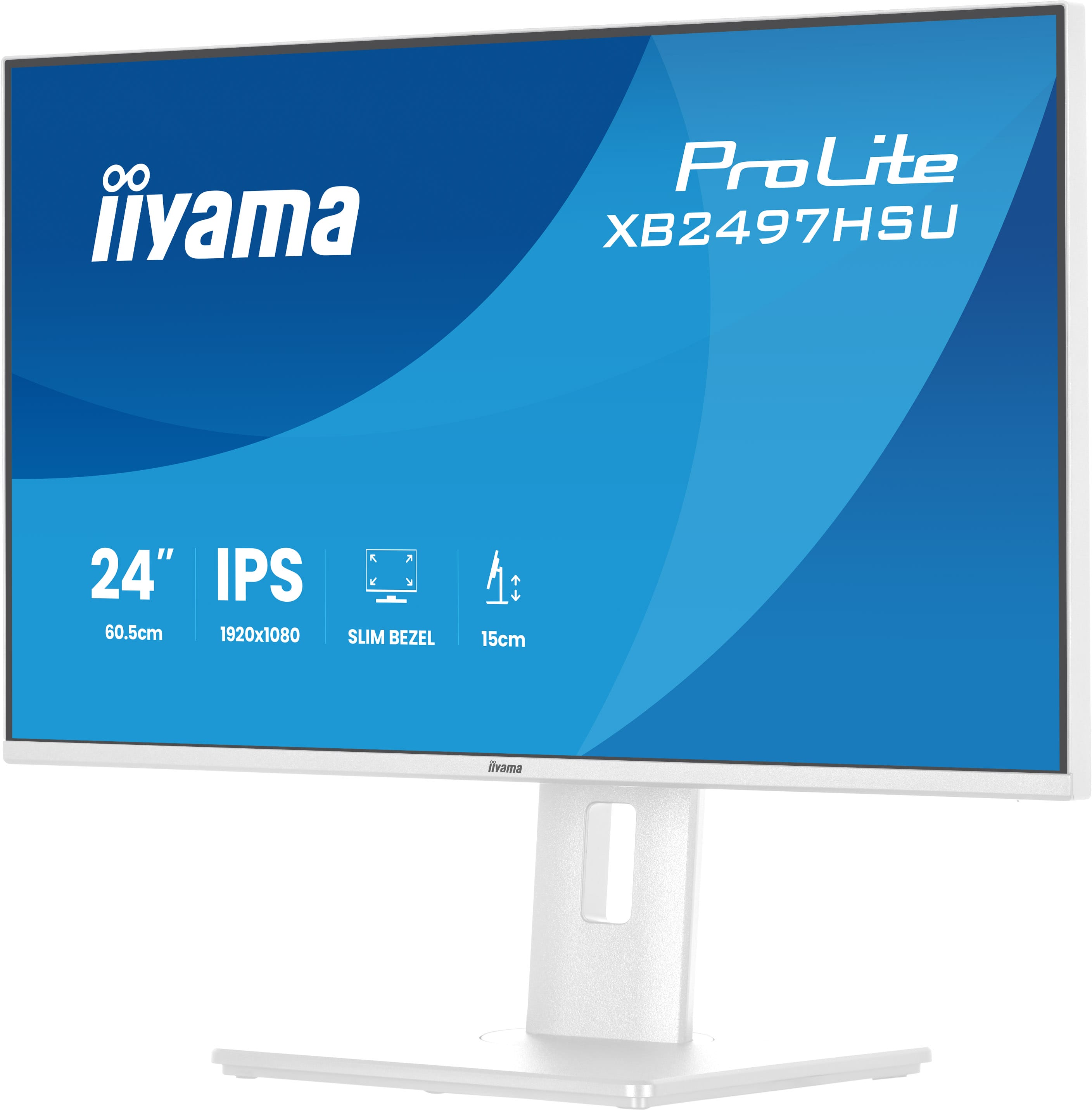 Ein weißer iiyama ProLite Monitor mit 24 Zoll IPS-Display und schlankem Rahmen.