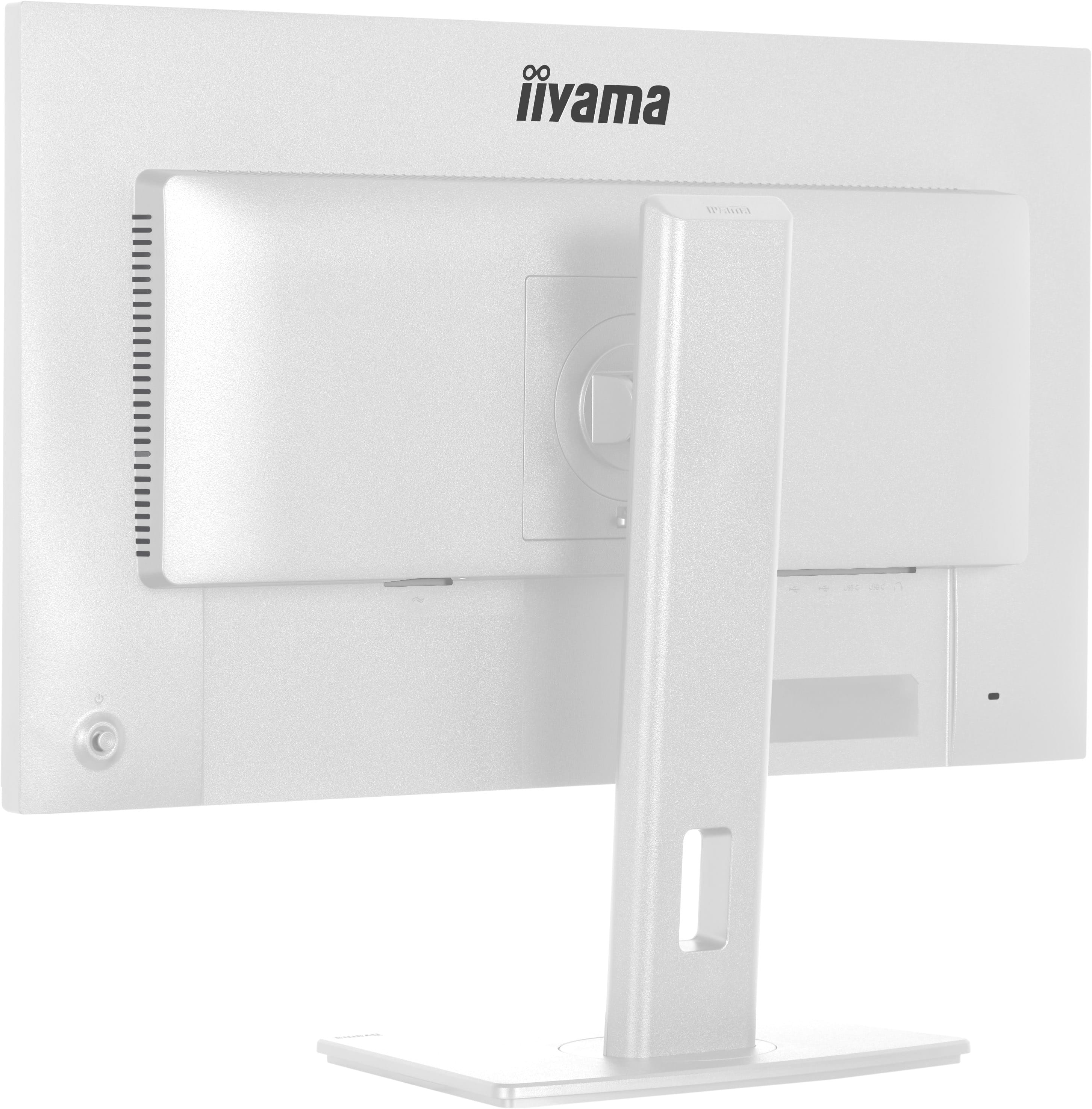 Rückseite eines weißen Monitors mit Iiyama-Logo und Standfuß.