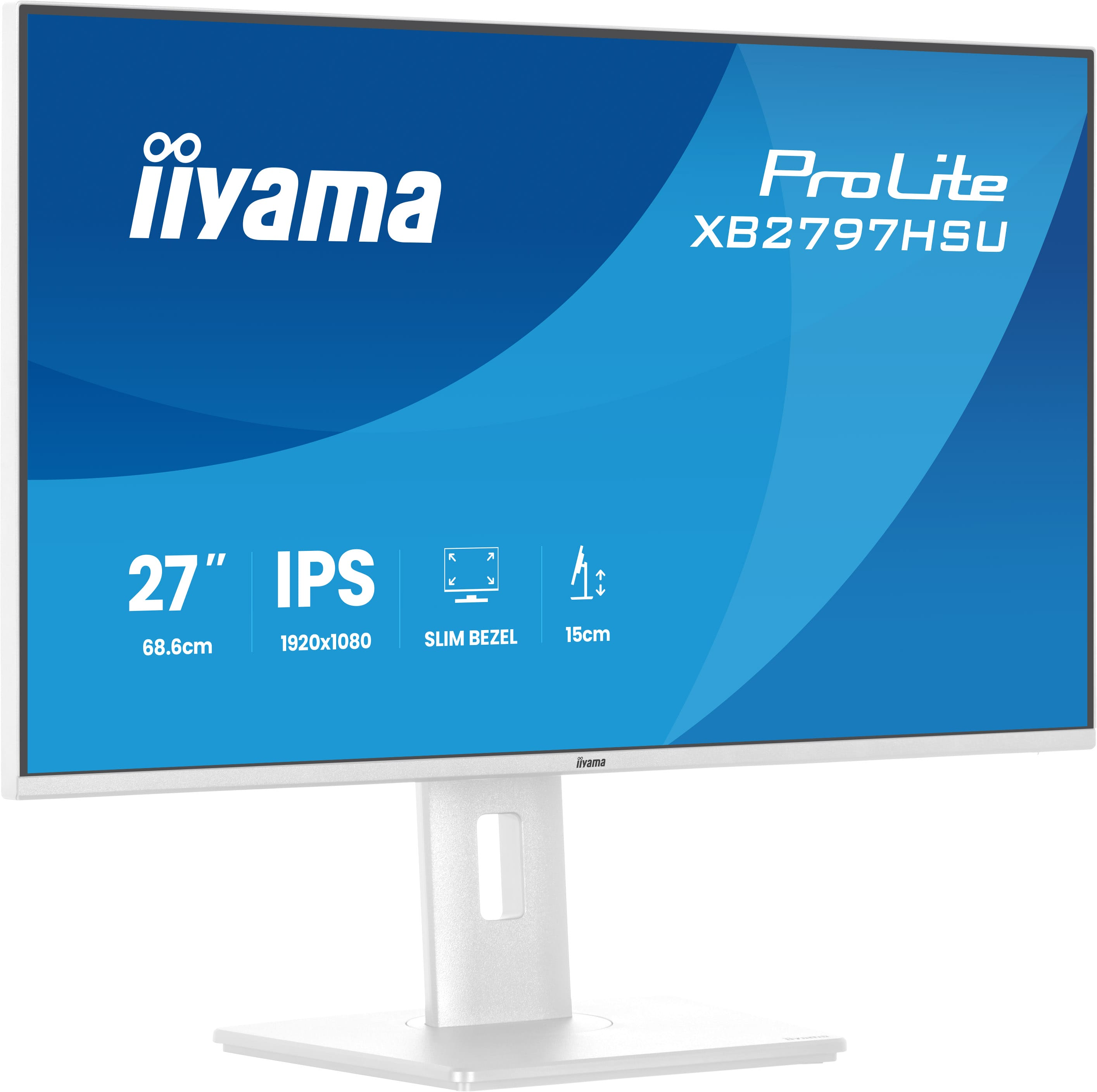 Ein weißer 27-Zoll-IPS-Monitor mit Slim Bezel und dem iiyama-Logo.