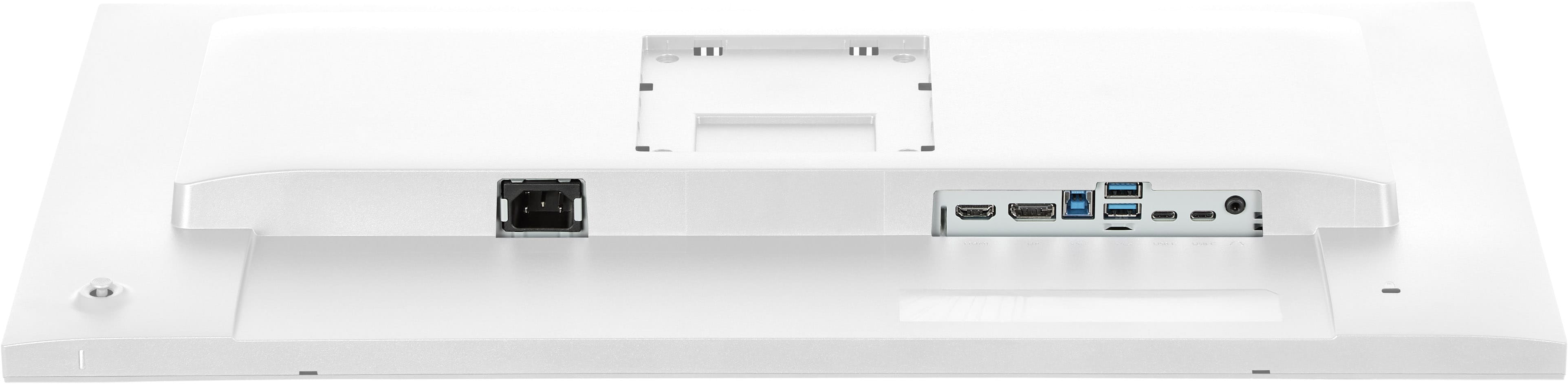 Weiße Monitorrückseite mit Anschlüssen: Strom, HDMI, USB-A, USB-C.
