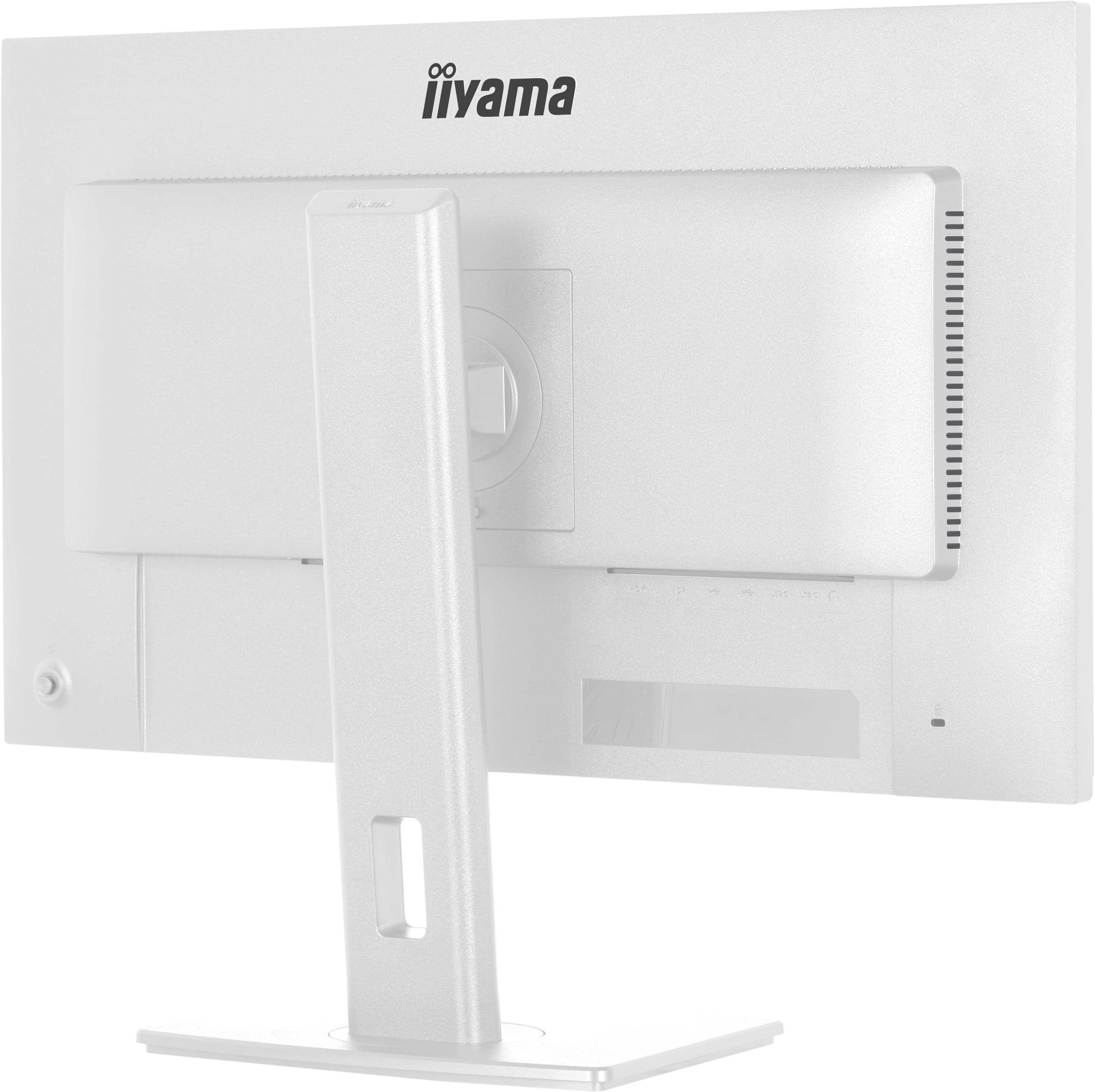 Rückseite eines weißen Iiyama Monitors mit silbernem Ständer und Anschlüssen.