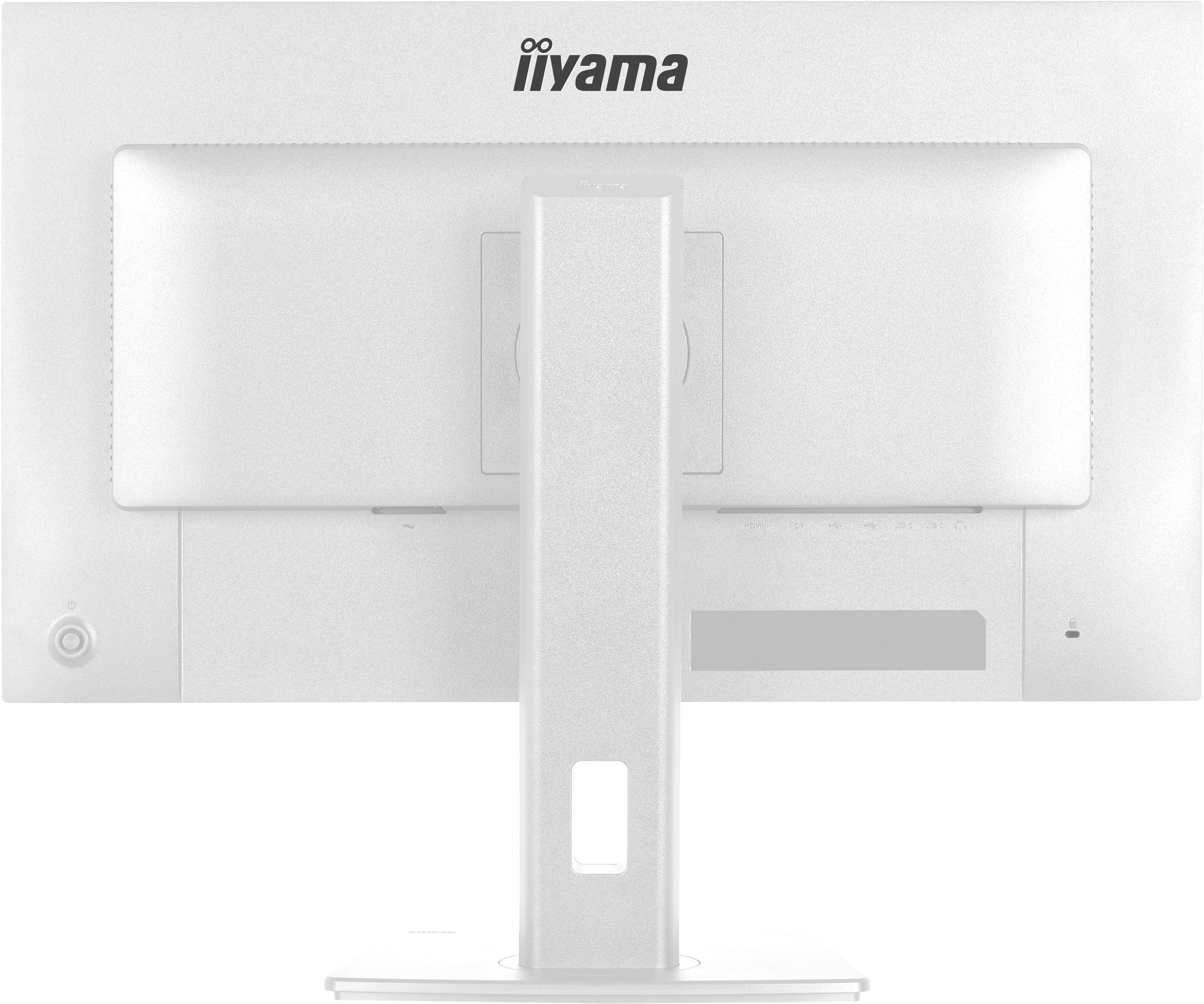 Weier Monitor von Iiyama von hinten mit Anschlüssen und Ständer.