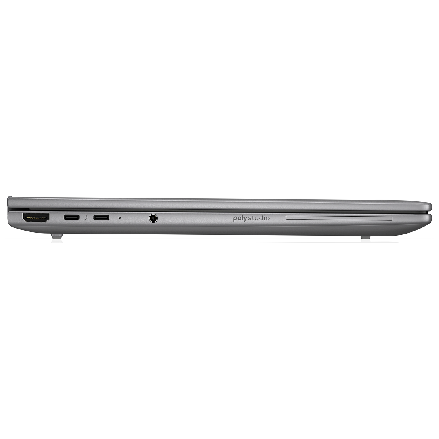 Zilveren laptop met poorten: HDMI, Thunderbolt, USB-C, audio-aansluiting.