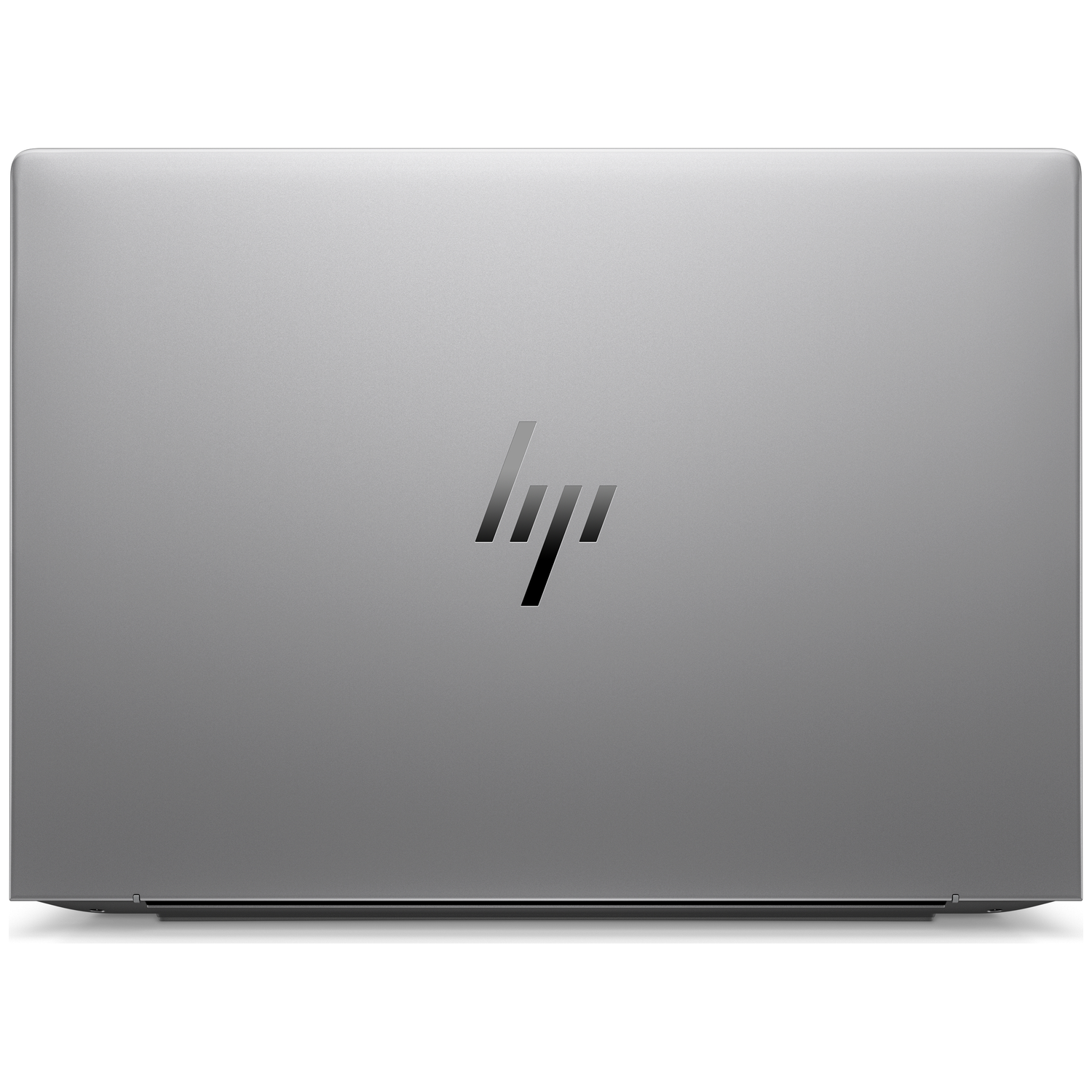 Gesloten zilveren laptop met zwart HP-logo.