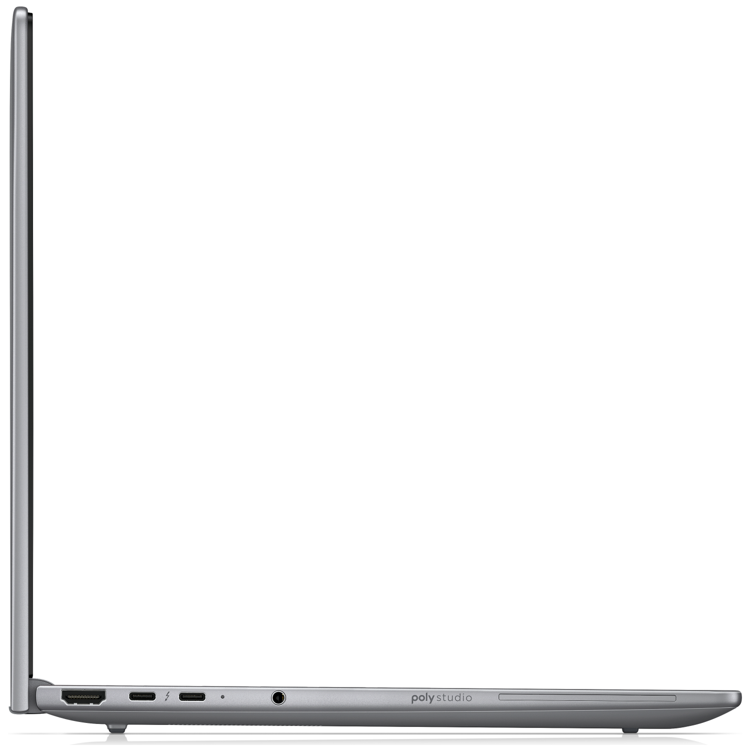 Grijs laptop profiel met poorten: HDMI, Thunderbolt, USB-C, audio-aansluiting.