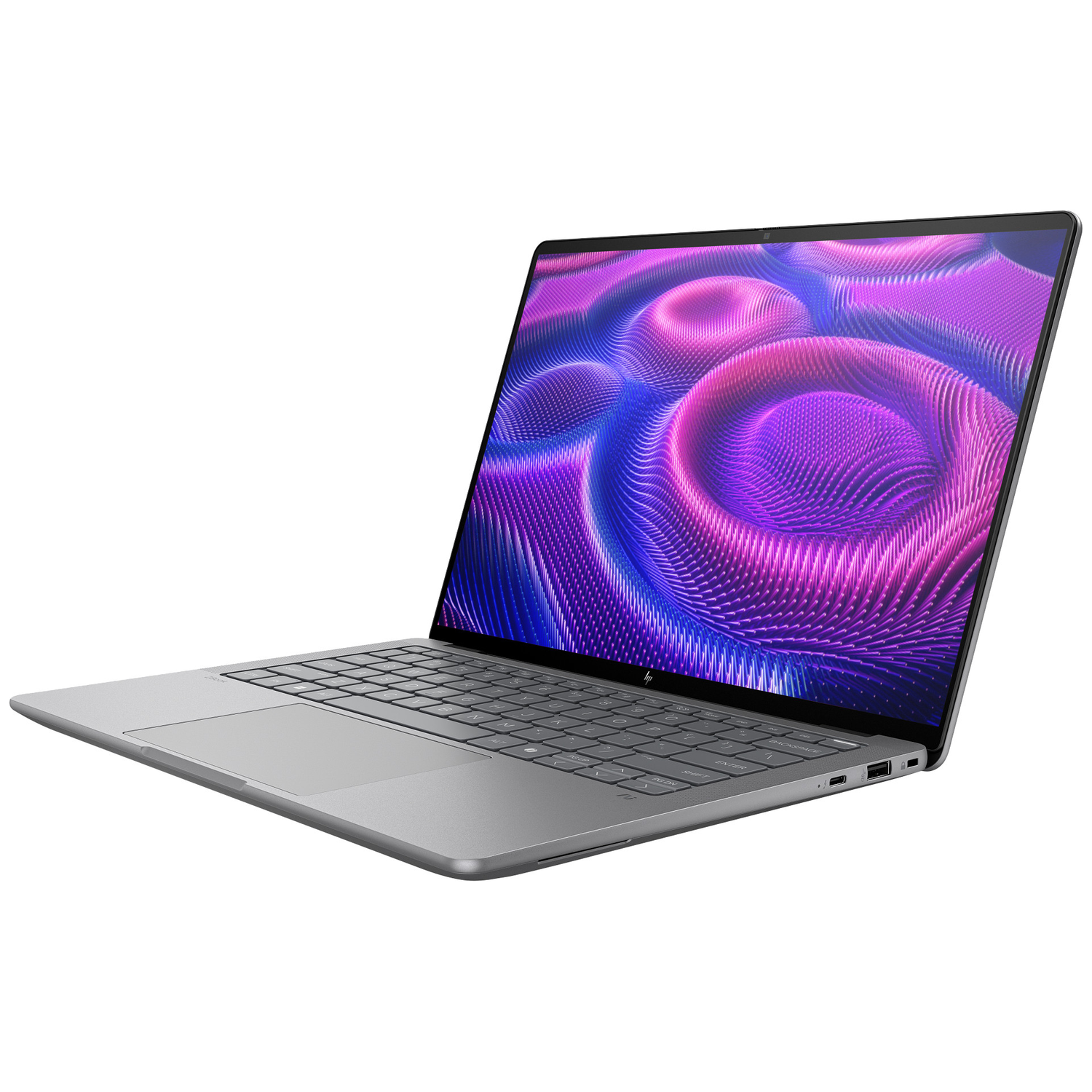 A silver laptop with its screen open, displaying a purple and blue wavy pattern.