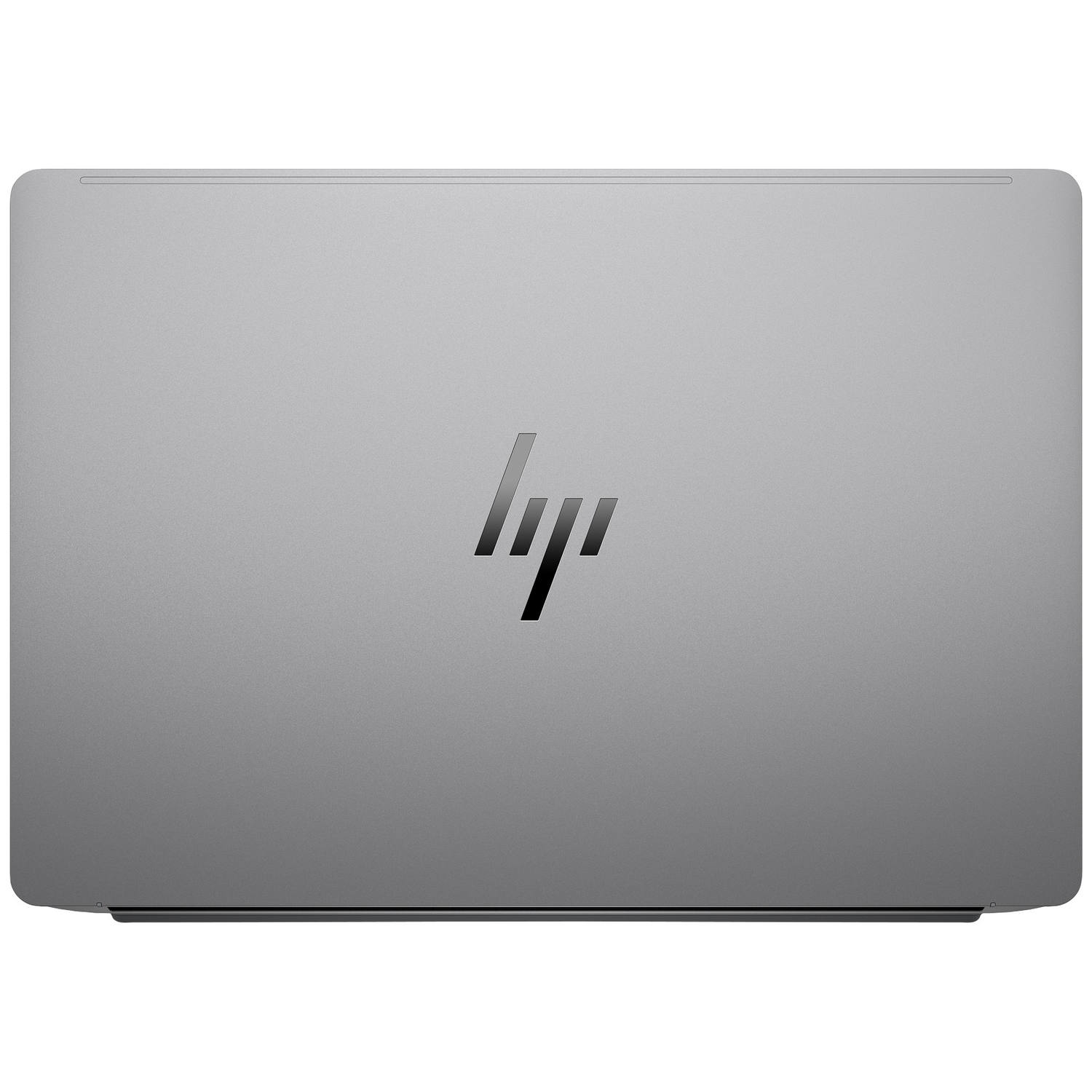 A gray laptop viewed from above, with the black HP logo centered.