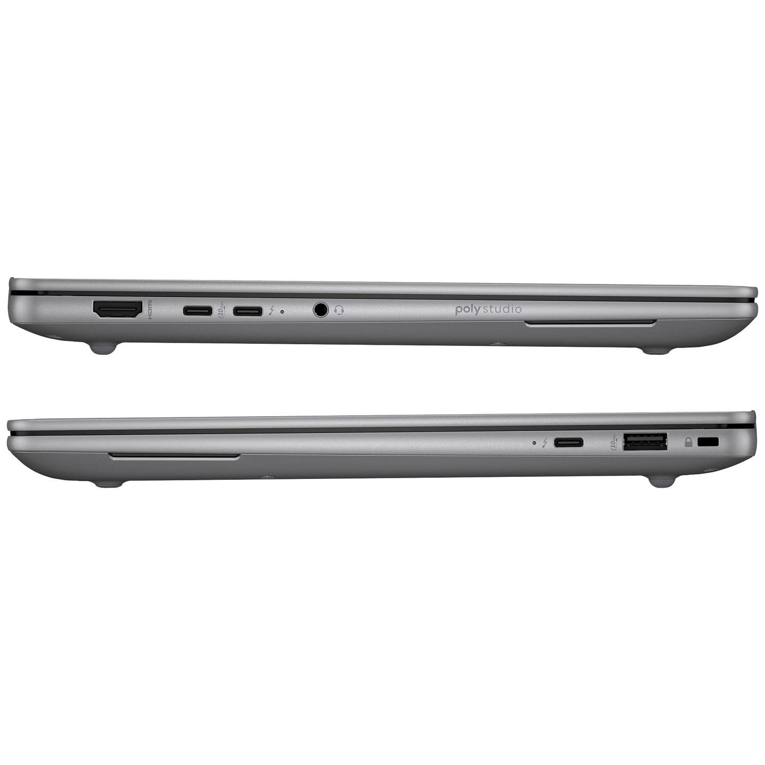 Two silver laptops side-by-side, showing ports: HDMI, USB-C, audio jack, Thunderbolt, USB-A.