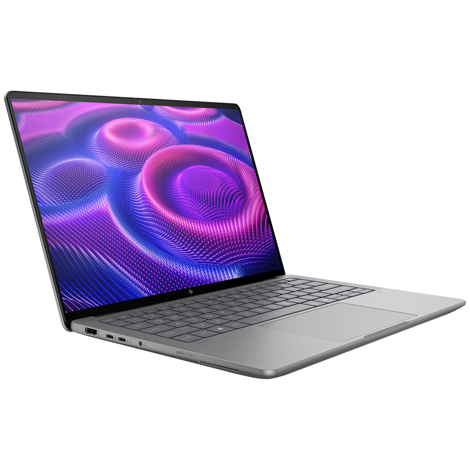 An open, silver laptop displaying a pink and blue wave pattern on its screen.