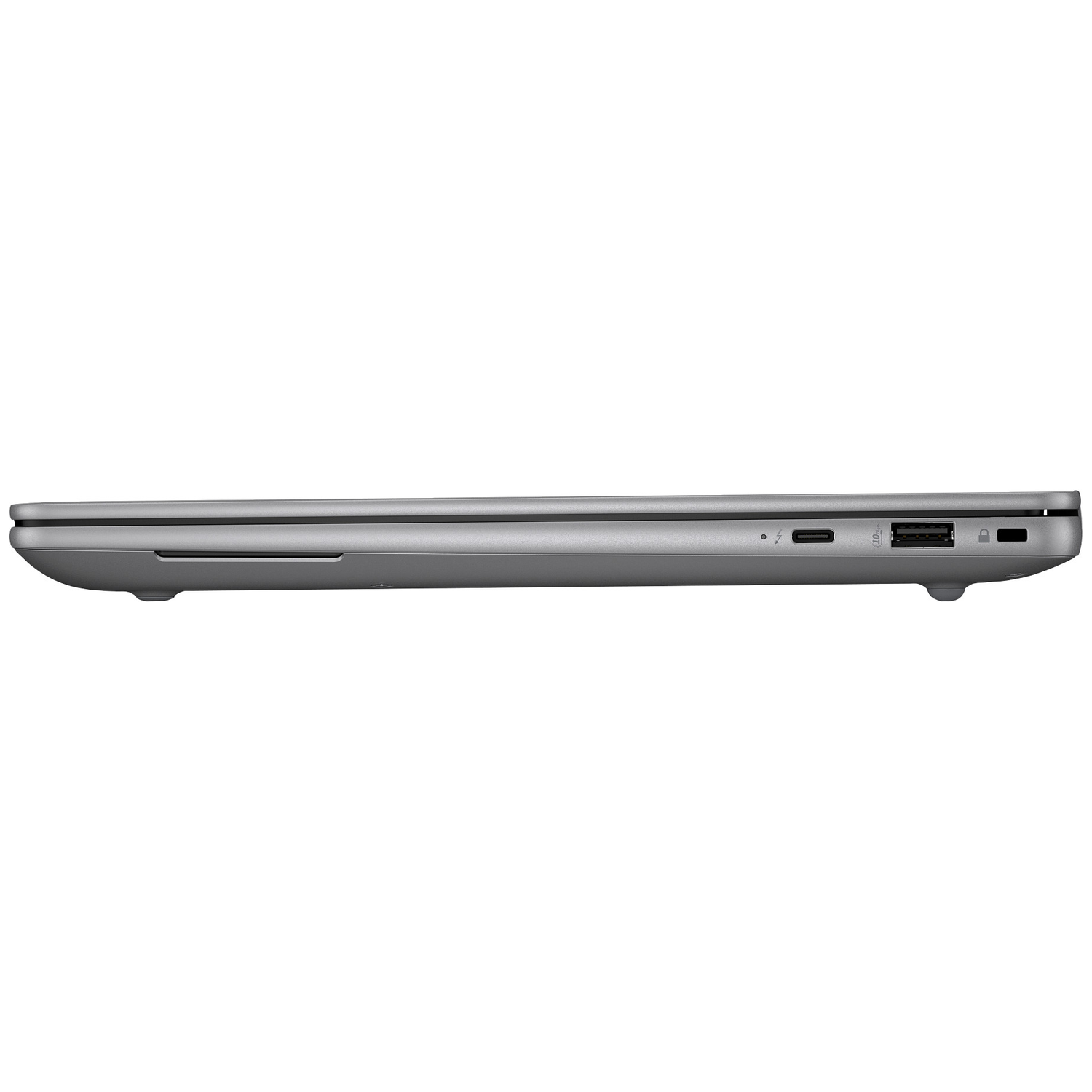 Gray laptop side view showing Thunderbolt, USB, and lock ports.