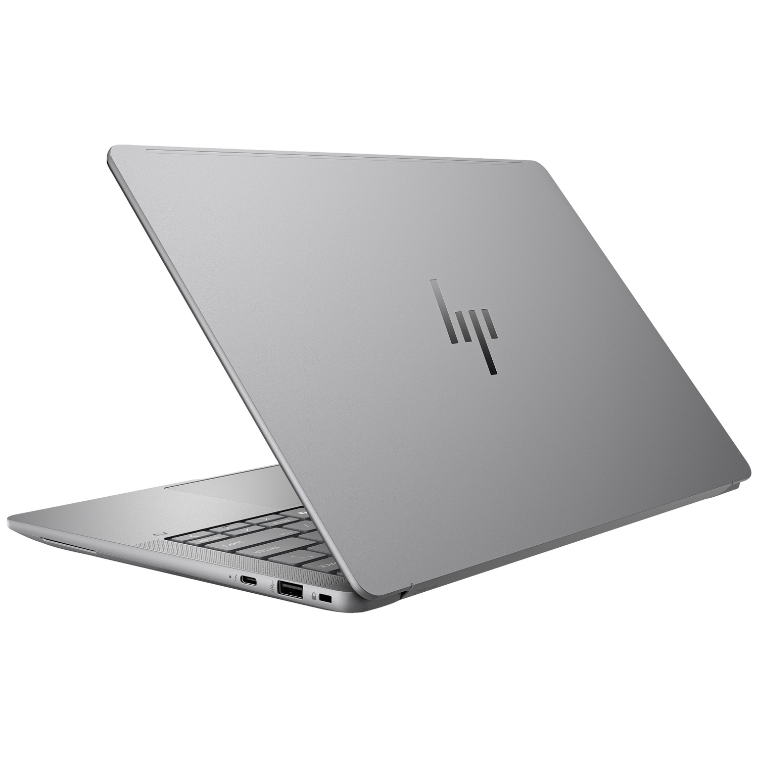 A silver HP laptop on a white background with its lid open.