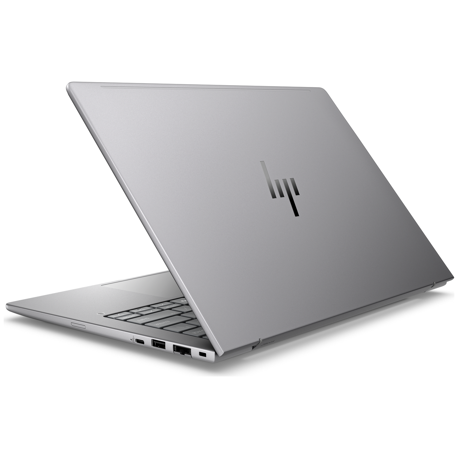 A silver HP laptop with its lid open, showing the keyboard and ports.
