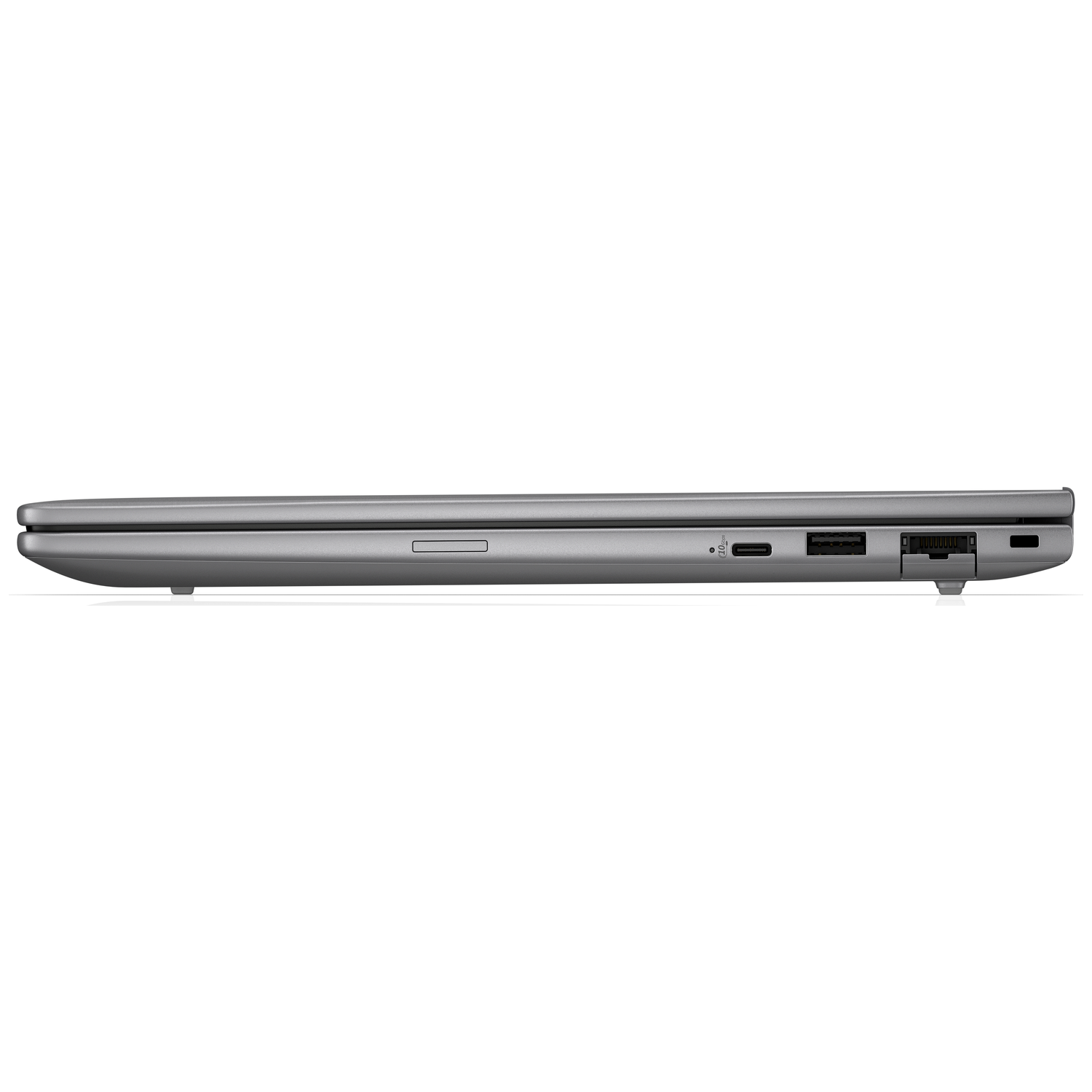 Gray laptop on white background, side view showing ports.