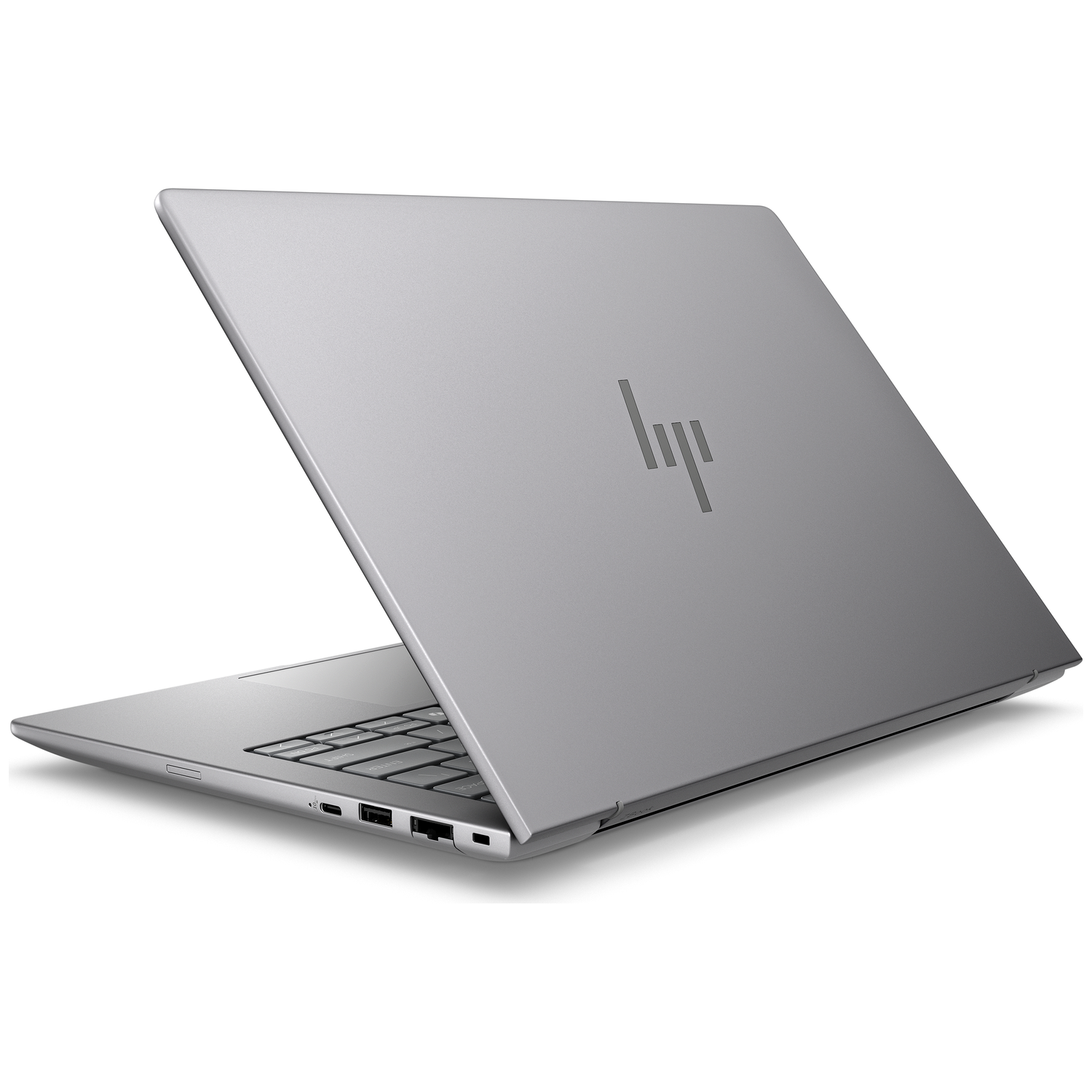A silver HP laptop with its lid open, showing the keyboard.