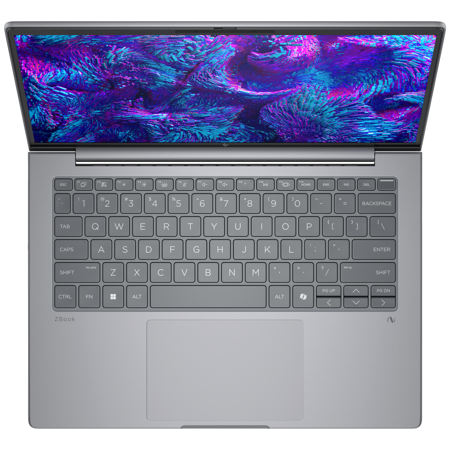 A silver HP ZBook laptop open, showing a keyboard and screen with abstract purple and blue art.