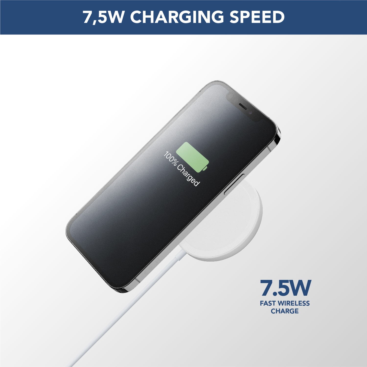 Uno smartphone si sta ricaricando in modalità wireless su una base di ricarica bianca.