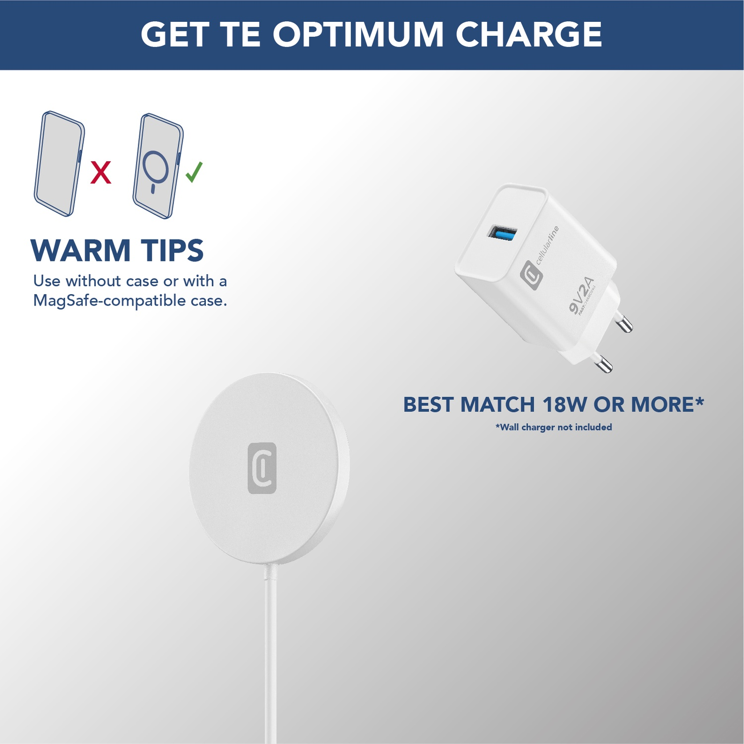 Base di ricarica bianca e alimentatore con testo "9V2A FAST CHARGING".