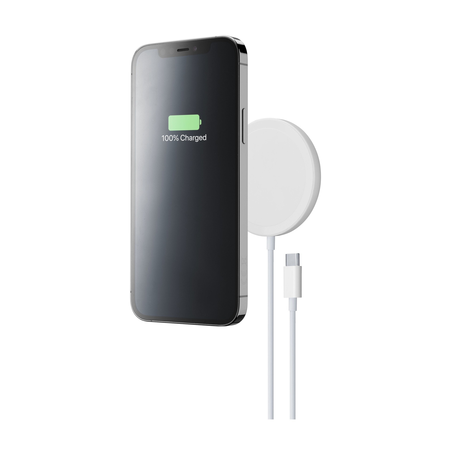 Un iPhone si sta caricando con un caricabatterie MagSafe bianco e cavo USB-C.