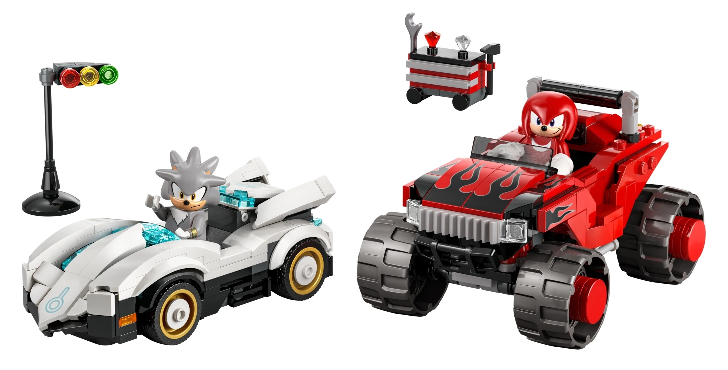 Figurki Silver i Knuckles w samochodach Lego, z sygnalizacją świetlną i skrzynką narzędziową.