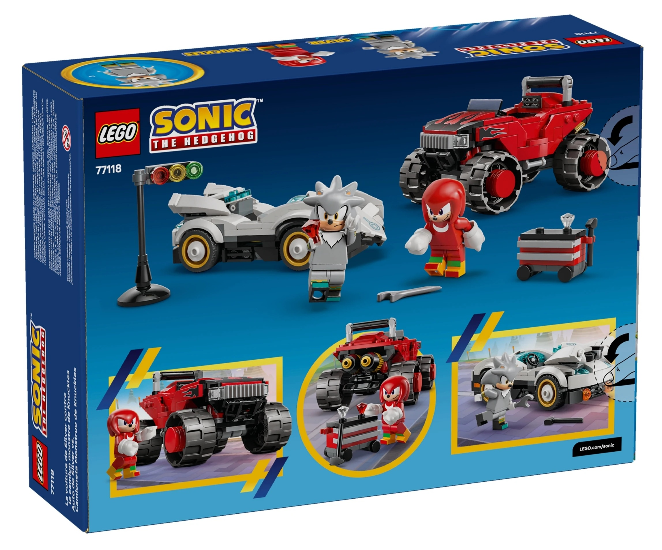 Zestaw LEGO Sonic z Silverem, Knucklesem, czerwonymi i białymi pojazdami i sygnalizacją świetlną.
